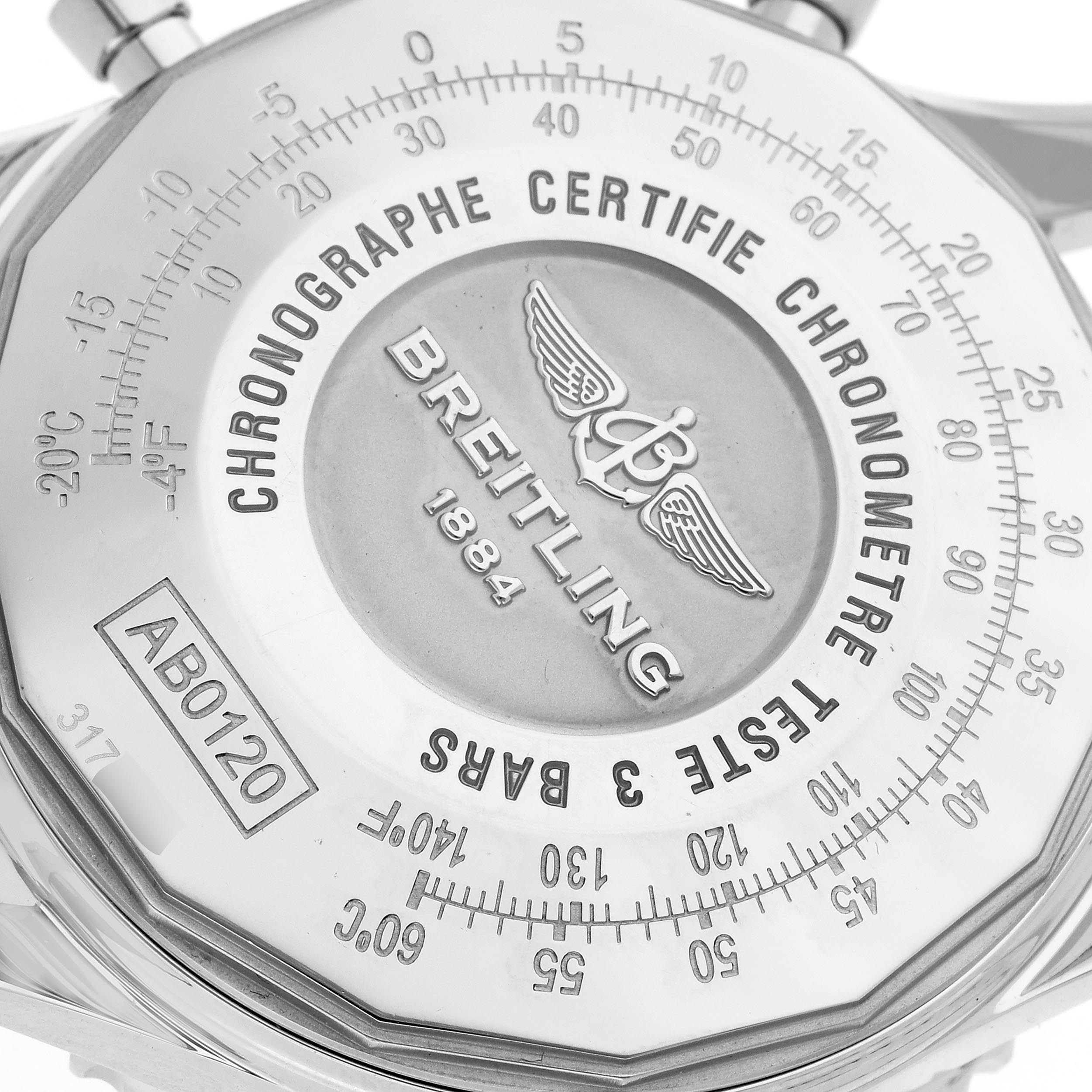 The image shows the back of a Breitling Navitimer AB0120 Men's Stainless Steel Black Dial AB0120 Men's Stainless Steel Black Dial watch, highlighting the chronograph certification engraving.