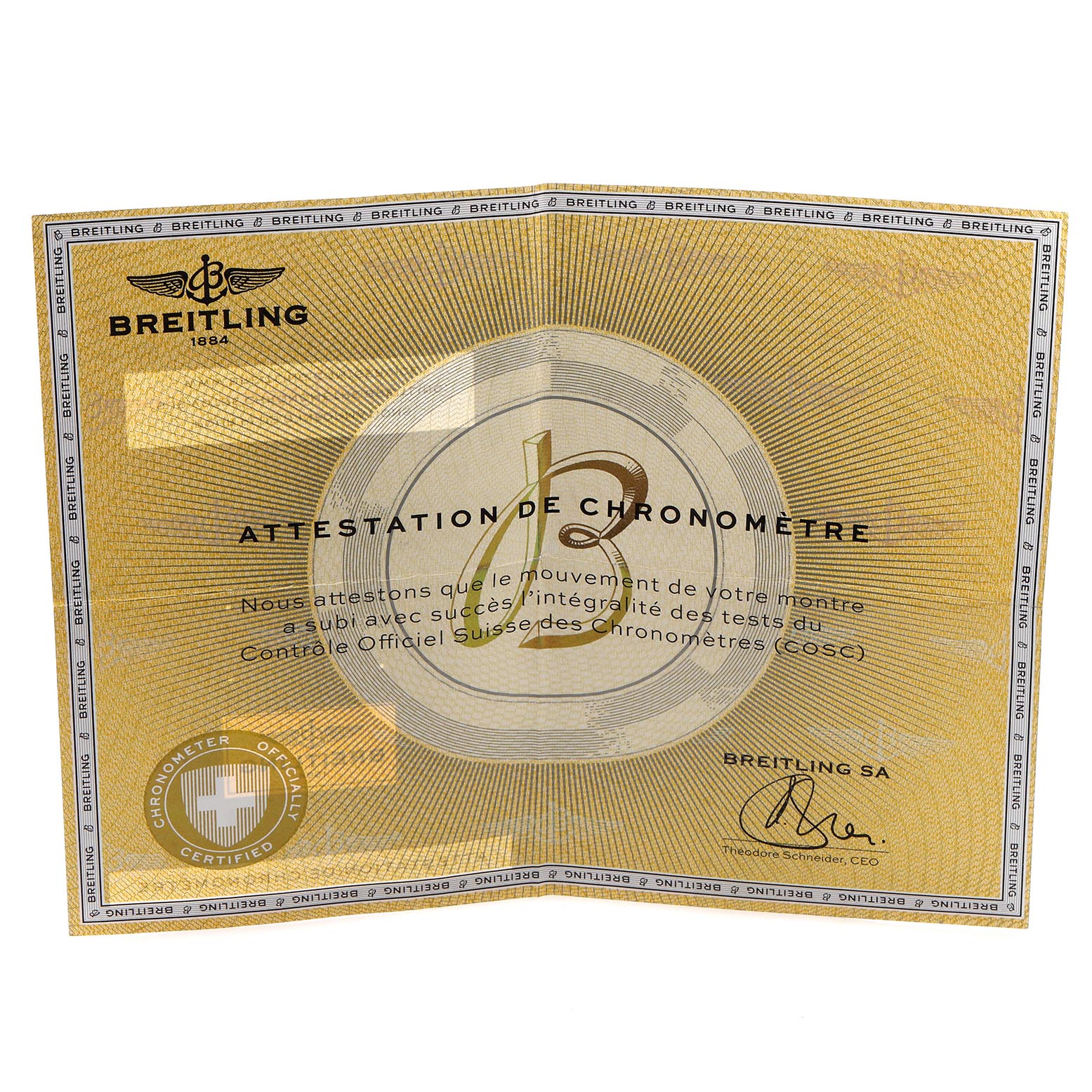 This image shows a Breitling Navitimer AB0120 Men's Stainless Steel Black Dial AB0120 Men's Stainless Steel Black Dial chronometer certificate with the brand's logo and gold detailing.