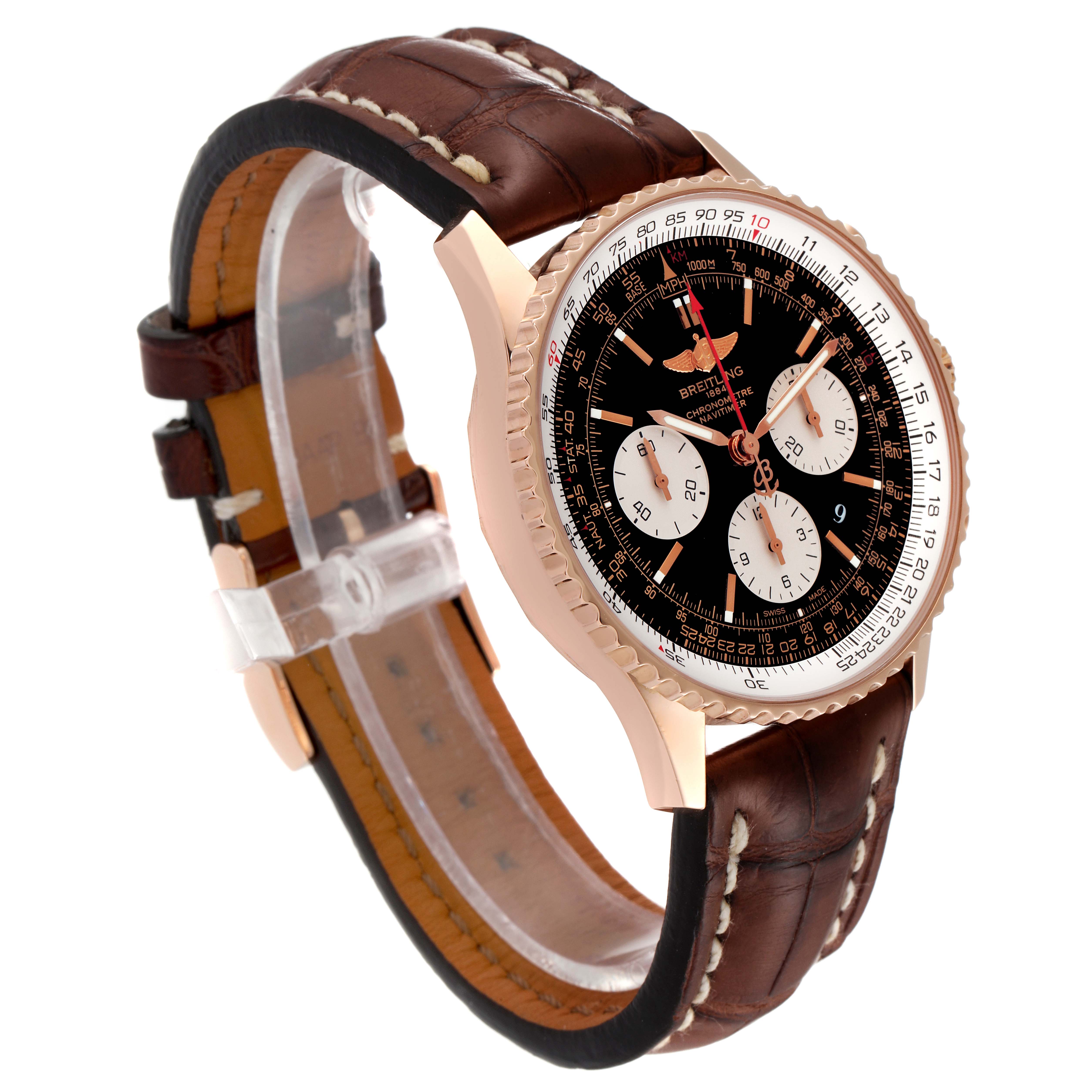 The image shows a side angle of the Breitling Navitimer RB0120 Men's Rose Gold Black Dial RB0120 Men's Rose Gold Black Dial watch highlighting its brown leather strap and detailed dial.