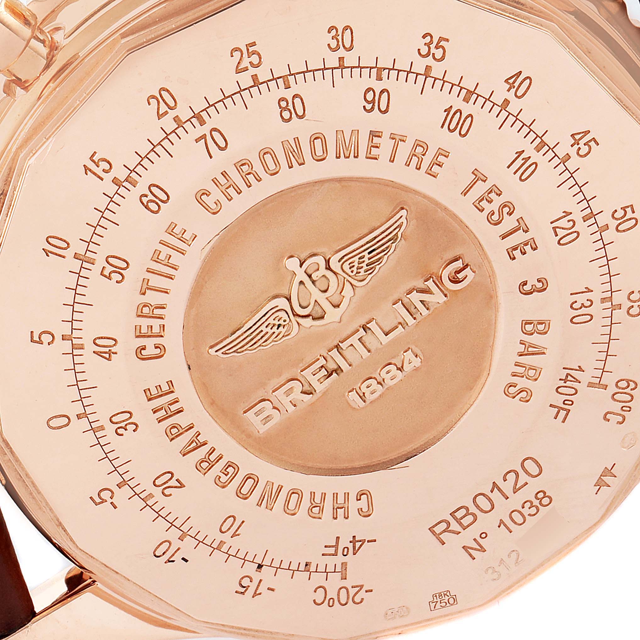 This is an angled close-up of the case back of a Breitling Navitimer RB0120 Men's Rose Gold Black Dial RB0120 Men's Rose Gold Black Dial model, showing the branding and chronometer details.