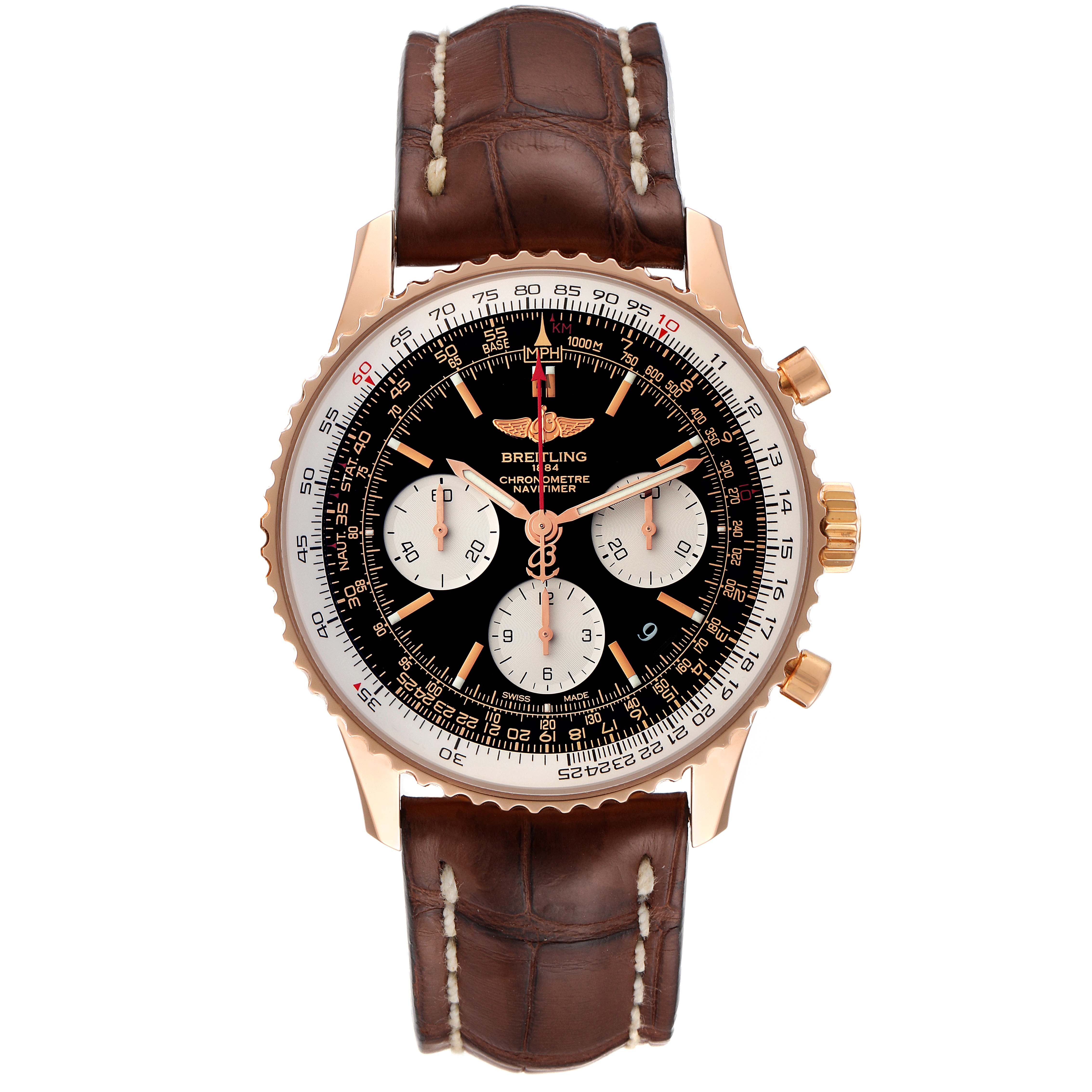 This image shows a front view of the Breitling Navitimer RB0120 Men's Rose Gold Black Dial RB0120 Men's Rose Gold Black Dial watch with a brown leather strap and a detailed black dial.