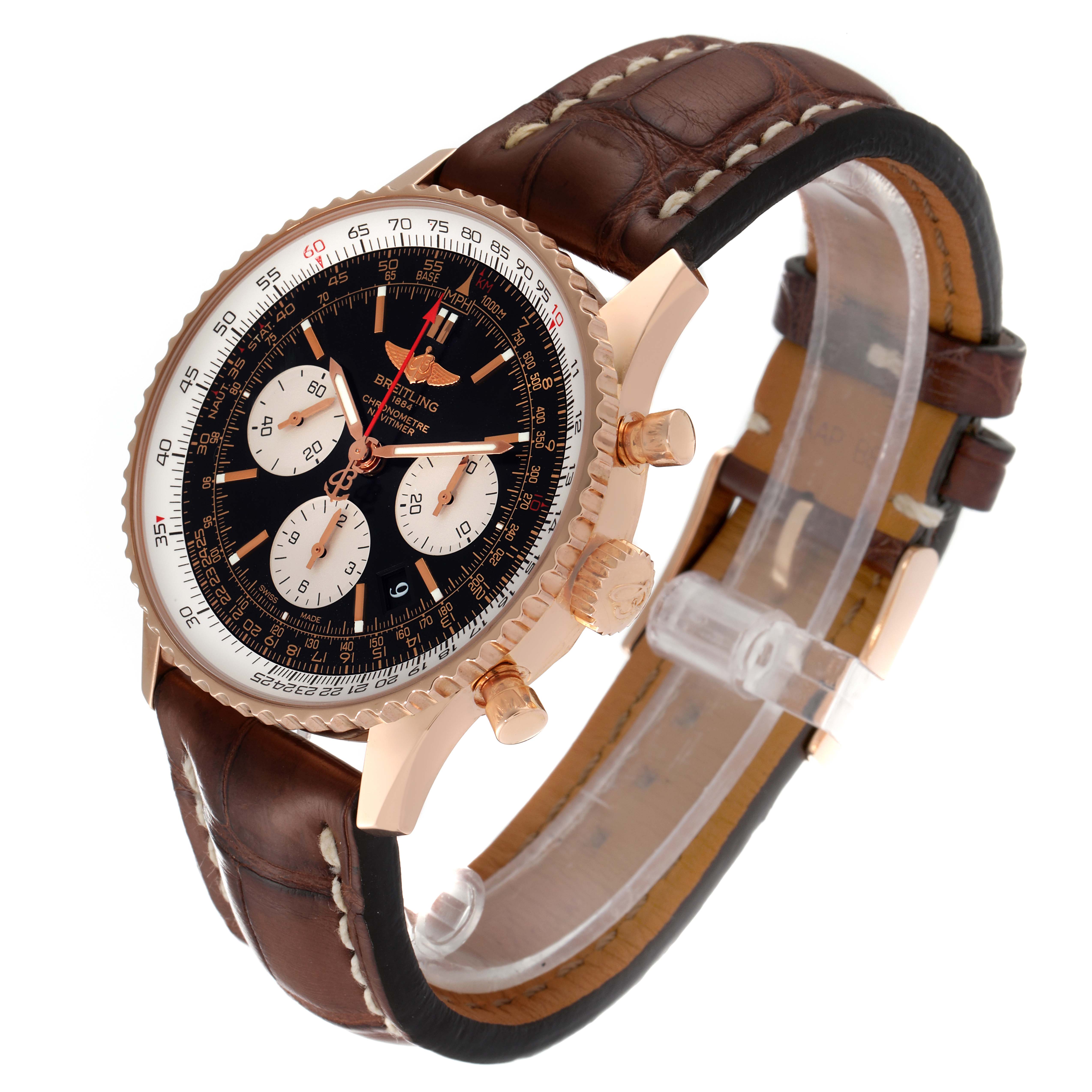 The image shows a Breitling Navitimer RB0120 Men's Rose Gold Black Dial RB0120 Men's Rose Gold Black Dial watch angled to display its face, side buttons, and brown leather strap.