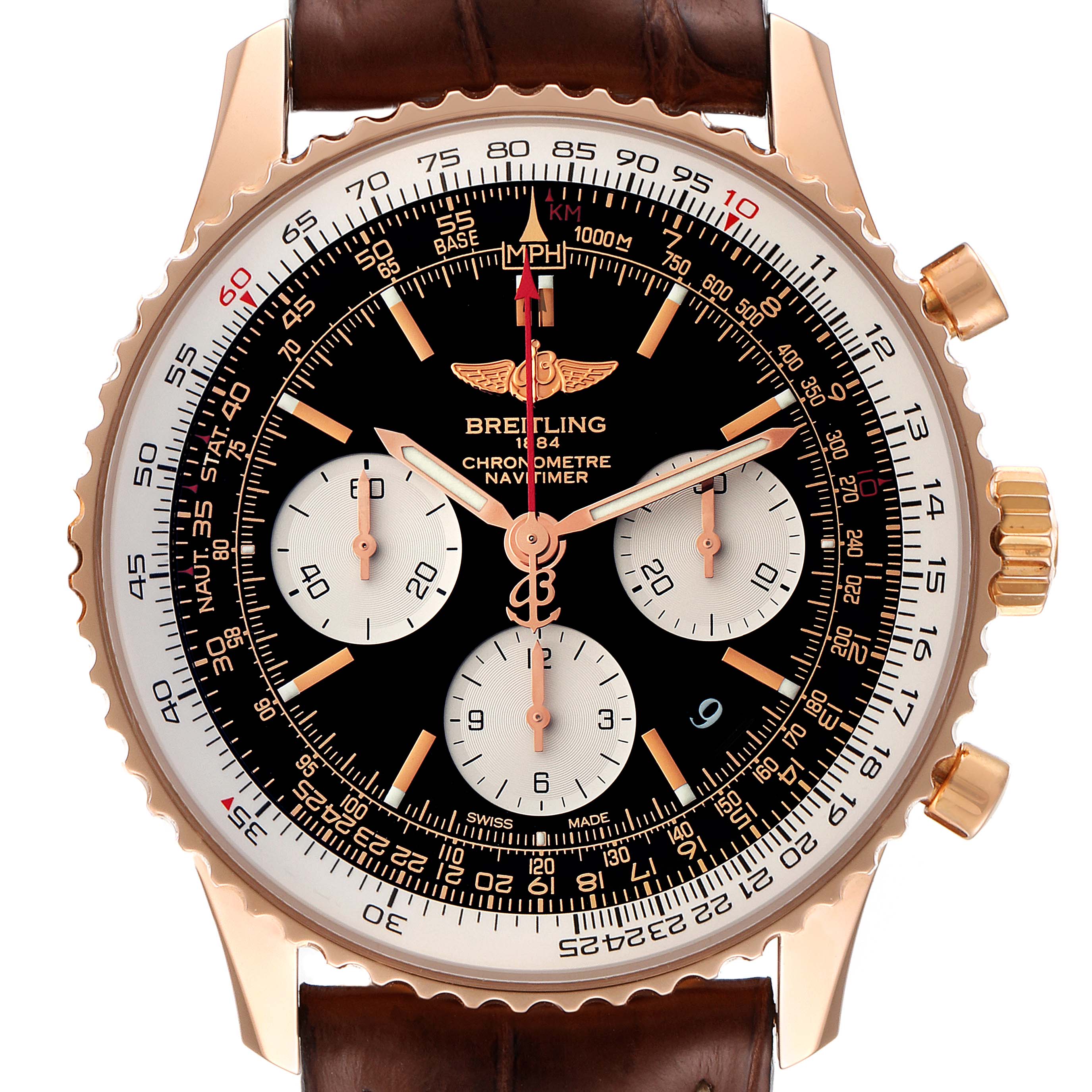 The image shows a front angle of the Breitling Navitimer RB0120 Men's Rose Gold Black Dial RB0120 Men's Rose Gold Black Dial watch displaying its dial, bezel, crown, and leather strap.