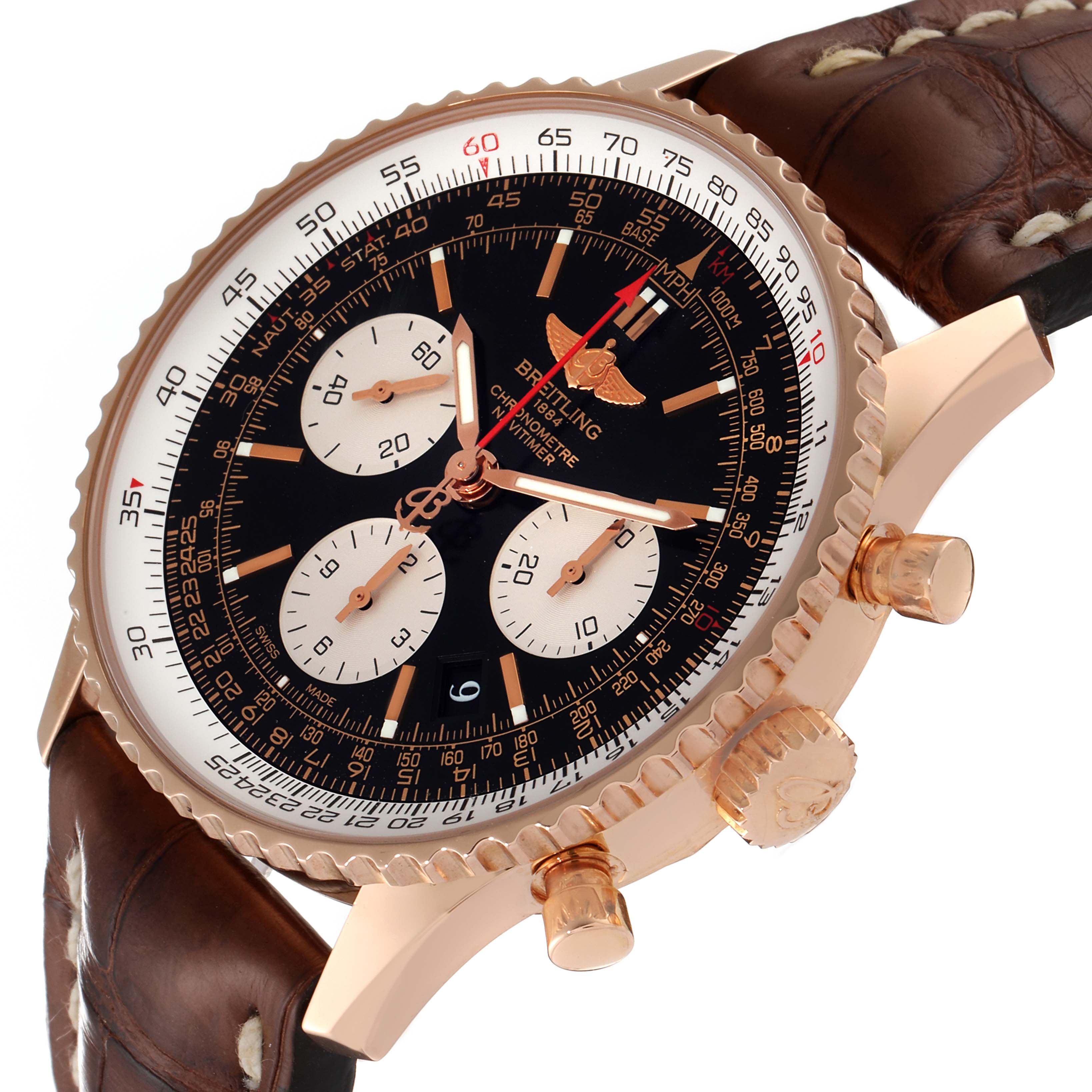 The image shows a close-up of the Breitling Navitimer RB0120 Men's Rose Gold Black Dial RB0120 Men's Rose Gold Black Dial watch face and side, highlighting its bezel, crown, subdials, and brown leather strap.