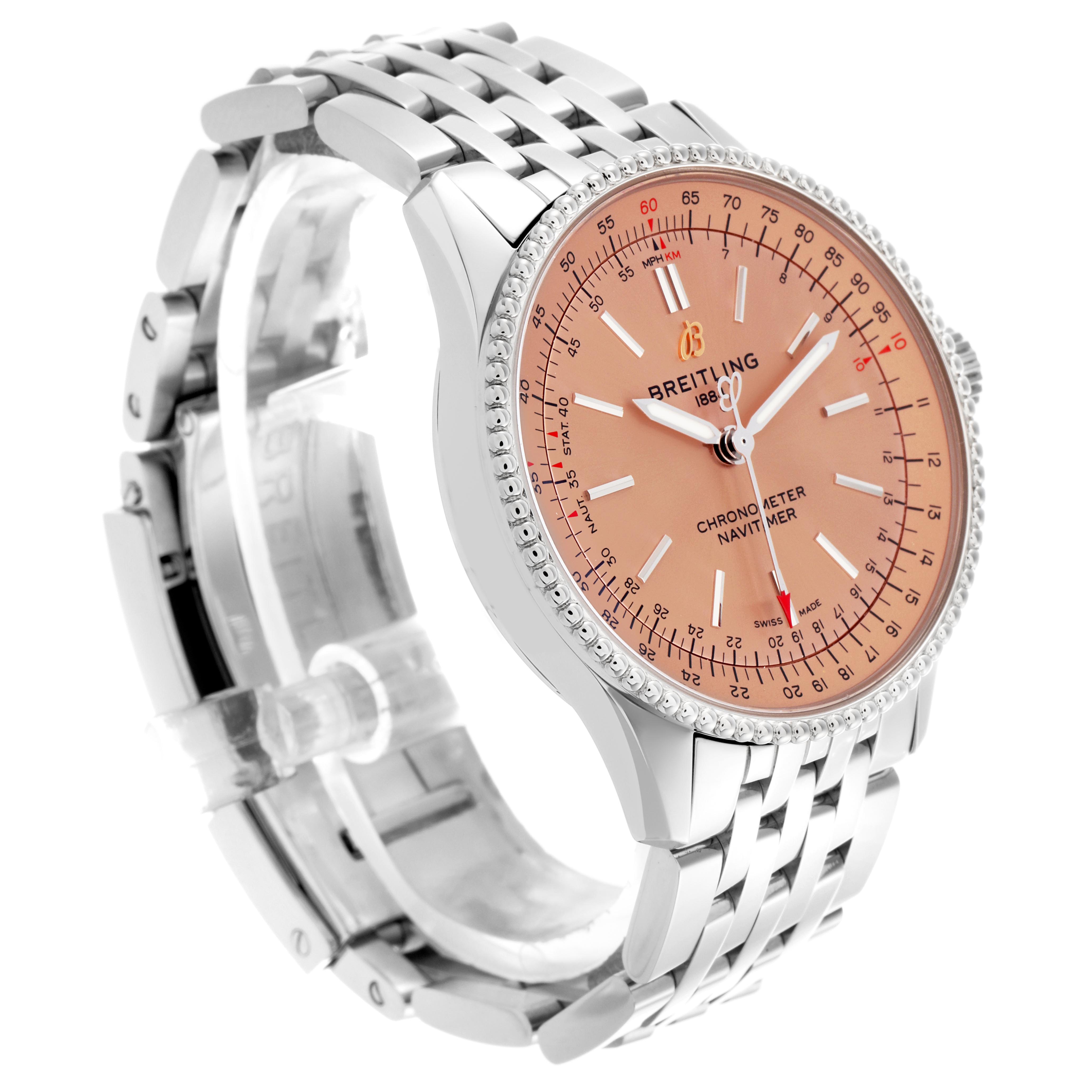 The Breitling Navitimer A17395 Men's Stainless Steel Pink Dial A17395 Men's Stainless Steel Pink Dial is shown at a three-quarter angle, highlighting the dial, bezel, bracelet, and partially open clasp.