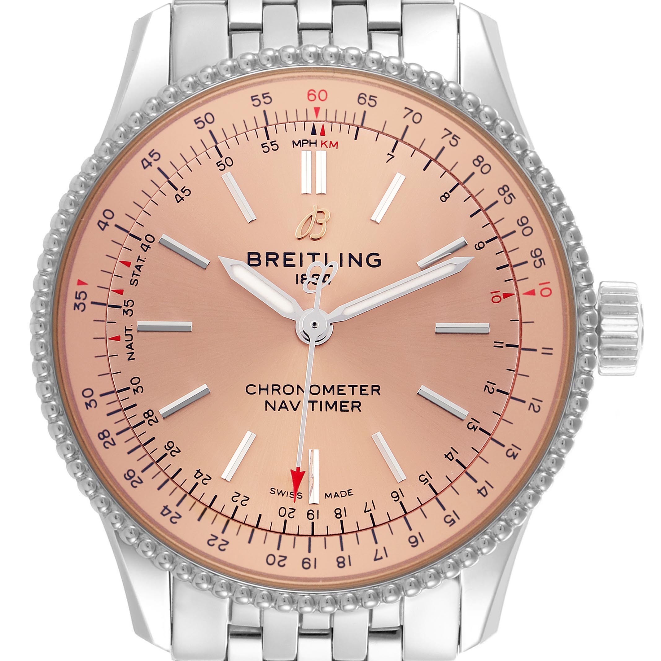 The Breitling Navitimer A17395 Men's Stainless Steel Pink Dial A17395 Men's Stainless Steel Pink Dial watch is shown from a front view, displaying its dial and bezel clearly.