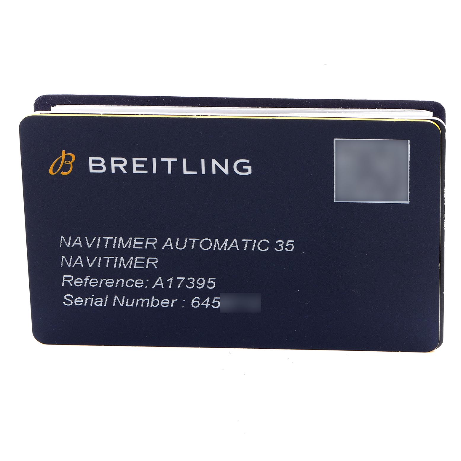 The image shows a Breitling Navitimer A17395 Men's Stainless Steel Pink Dial A17395 Men's Stainless Steel Pink Dial warranty card with model and serial details.