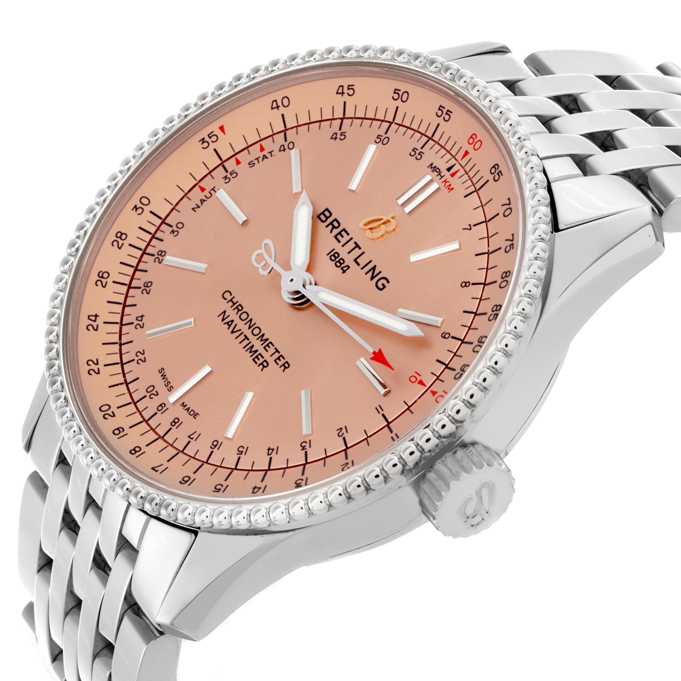 The Breitling Navitimer A17395 Men's Stainless Steel Pink Dial A17395 Men's Stainless Steel Pink Dial watch is shown at a three-quarter angle, highlighting the face, bezel, crown, and bracelet.