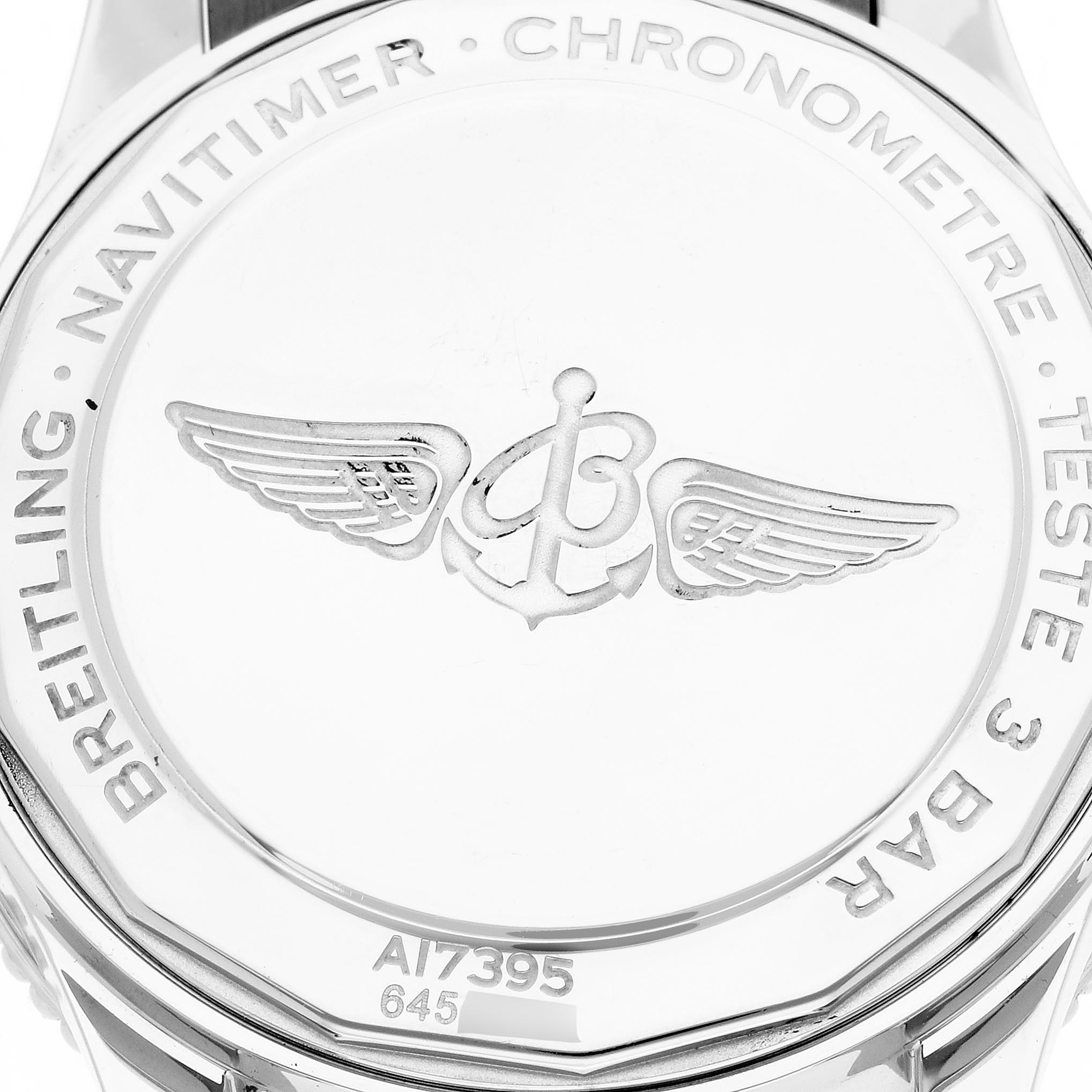 The image shows the back case of a Breitling Navitimer A17395 Men's Stainless Steel Pink Dial A17395 Men's Stainless Steel Pink Dial watch, featuring the brand logo and engraved text.