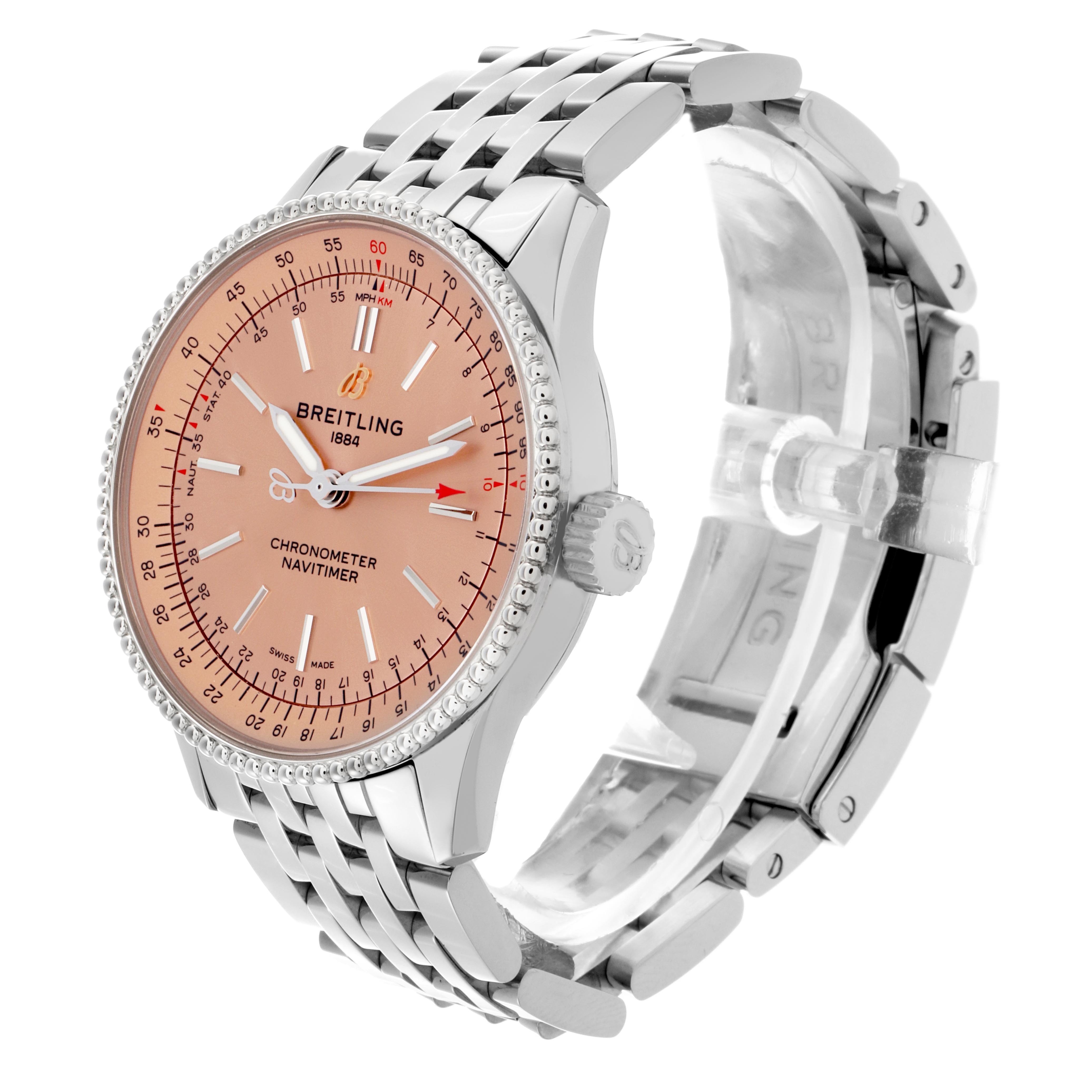The Breitling Navitimer A17395 Men's Stainless Steel Pink Dial A17395 Men's Stainless Steel Pink Dial watch is shown at a three-quarter angle, displaying its face, bezel, crown, and part of the bracelet.