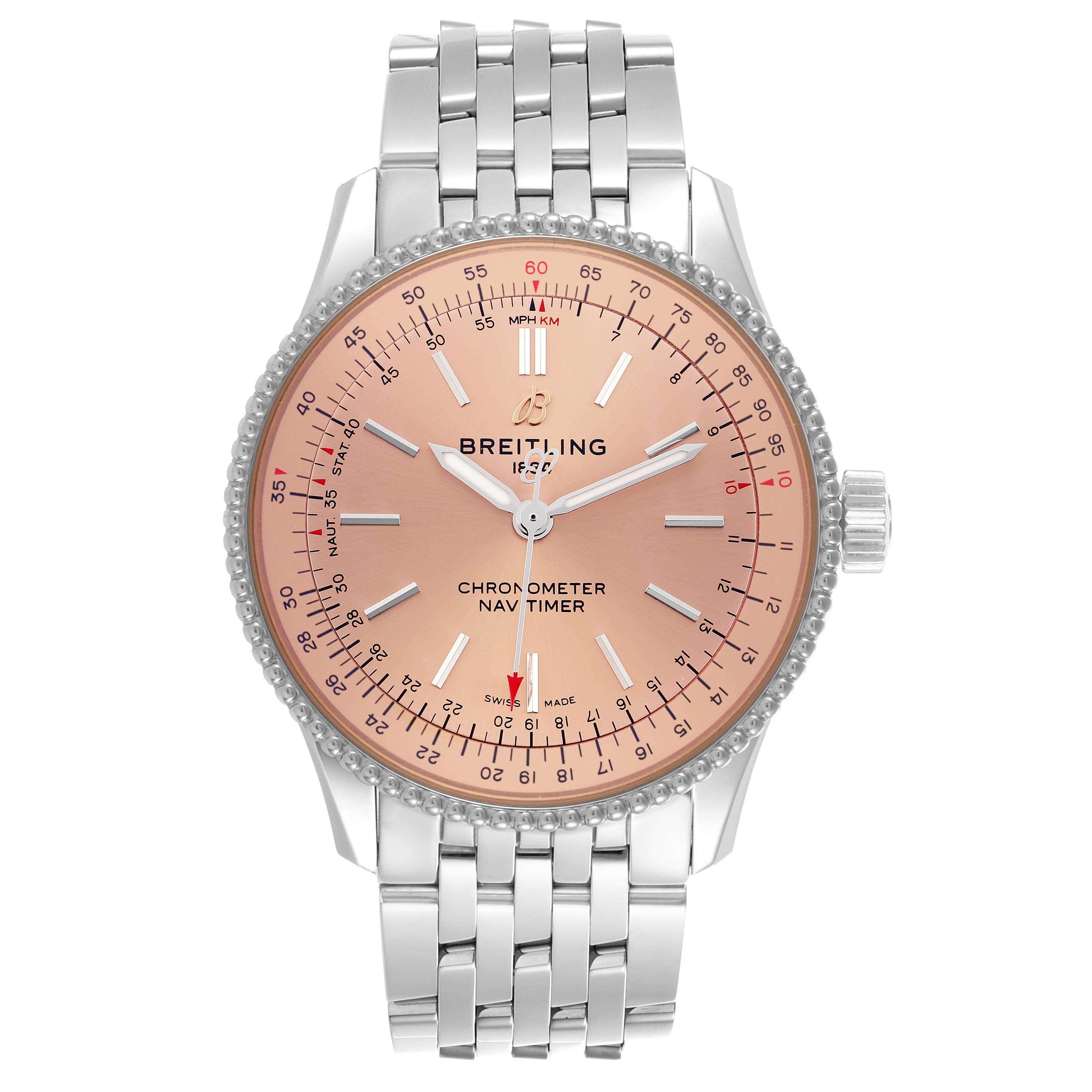 The Breitling Navitimer A17395 Men's Stainless Steel Pink Dial A17395 Men's Stainless Steel Pink Dial watch is shown at a front angle, emphasizing the dial, bezel, and bracelet.