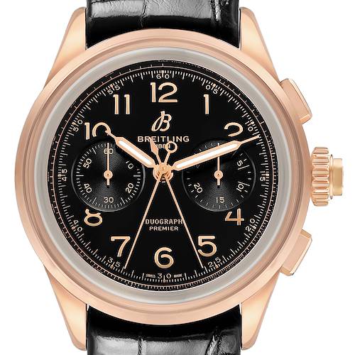 Photo of Breitling Premier B15 Duograph Black Dial Rose Gold Mens Watch RB1510 Box Card
