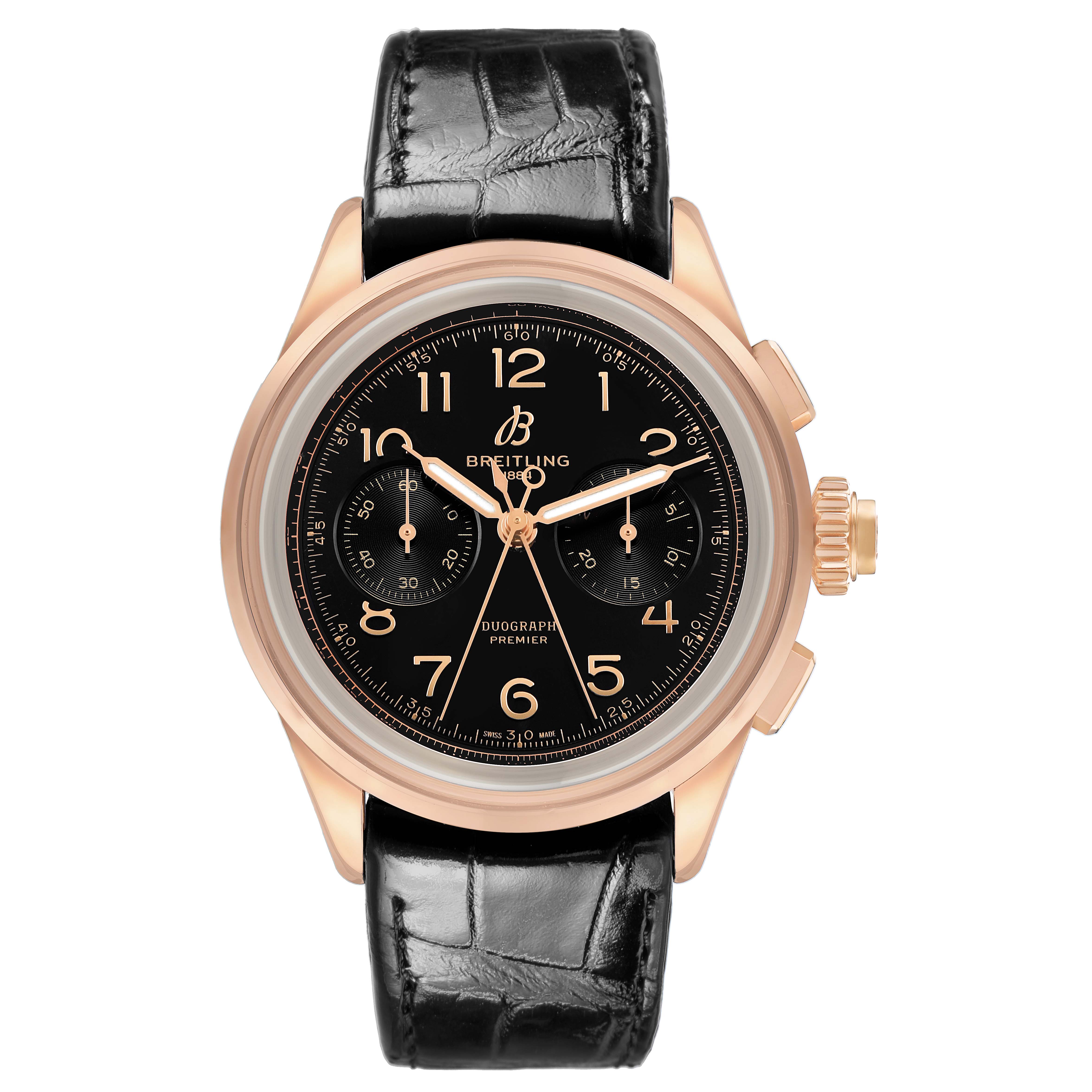 The Breitling Premier RB1510251B1P1 Men's Rose Gold Black Dial watch is shown from the front, displaying its dial, case, and strap.