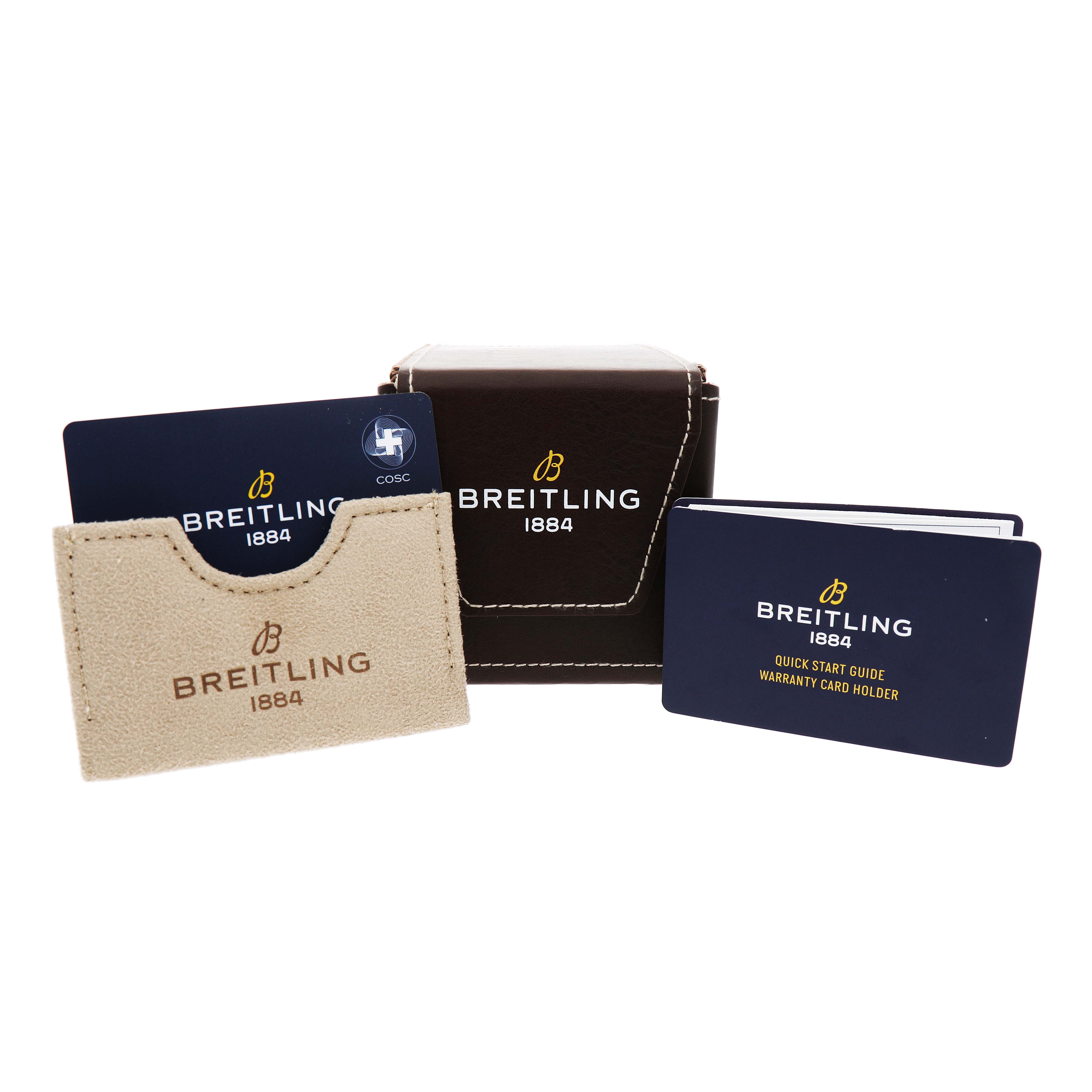 The image shows the Breitling Premier RB1510251B1P1 Men's Rose Gold Black Dial watch accessories including a case, warranty card, card holder, and a quick start guide.
