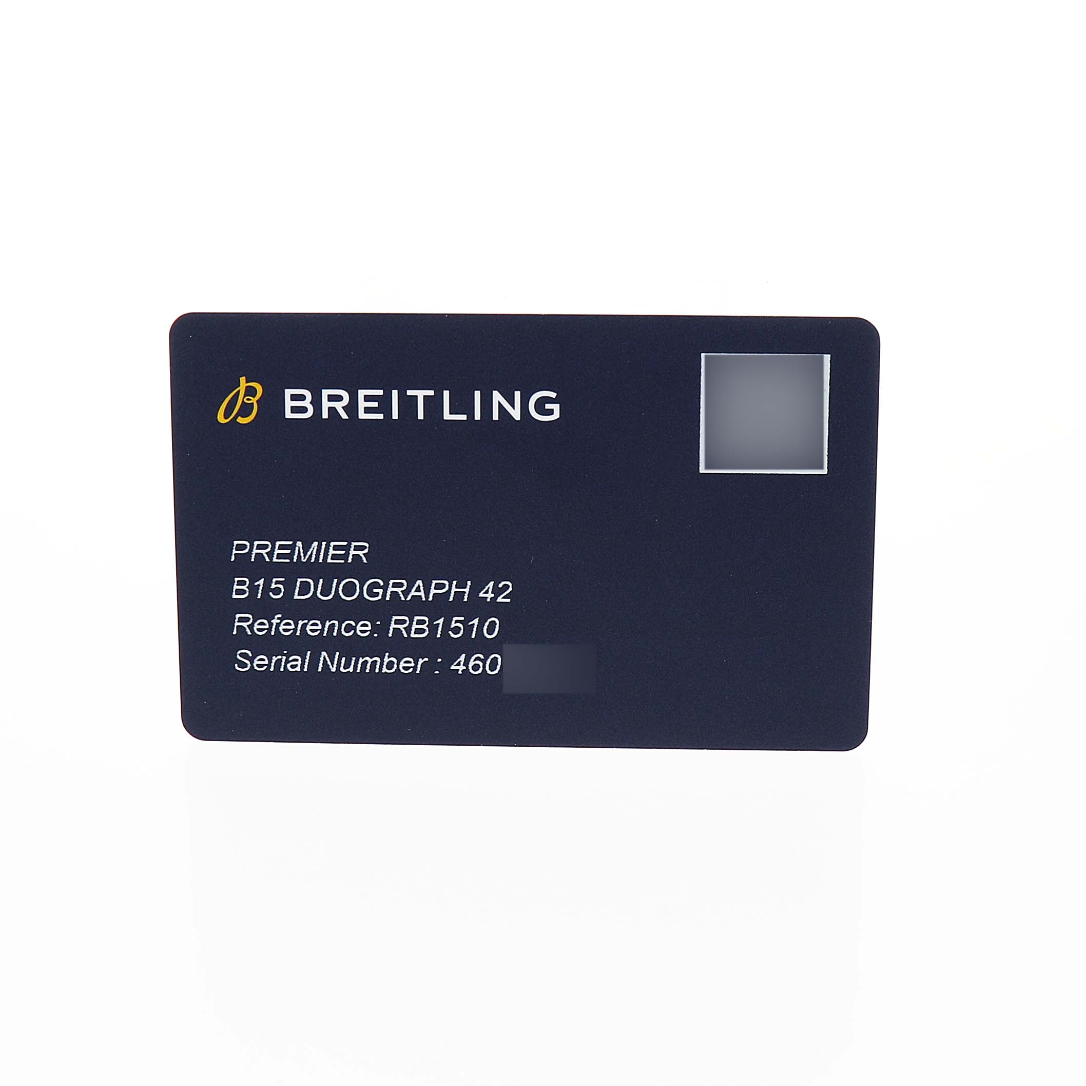 The image shows a registration card for the Breitling Premier RB1510251B1P1 Men's Rose Gold Black Dial B15 Duograph 42, displaying model, reference, and serial numbers.