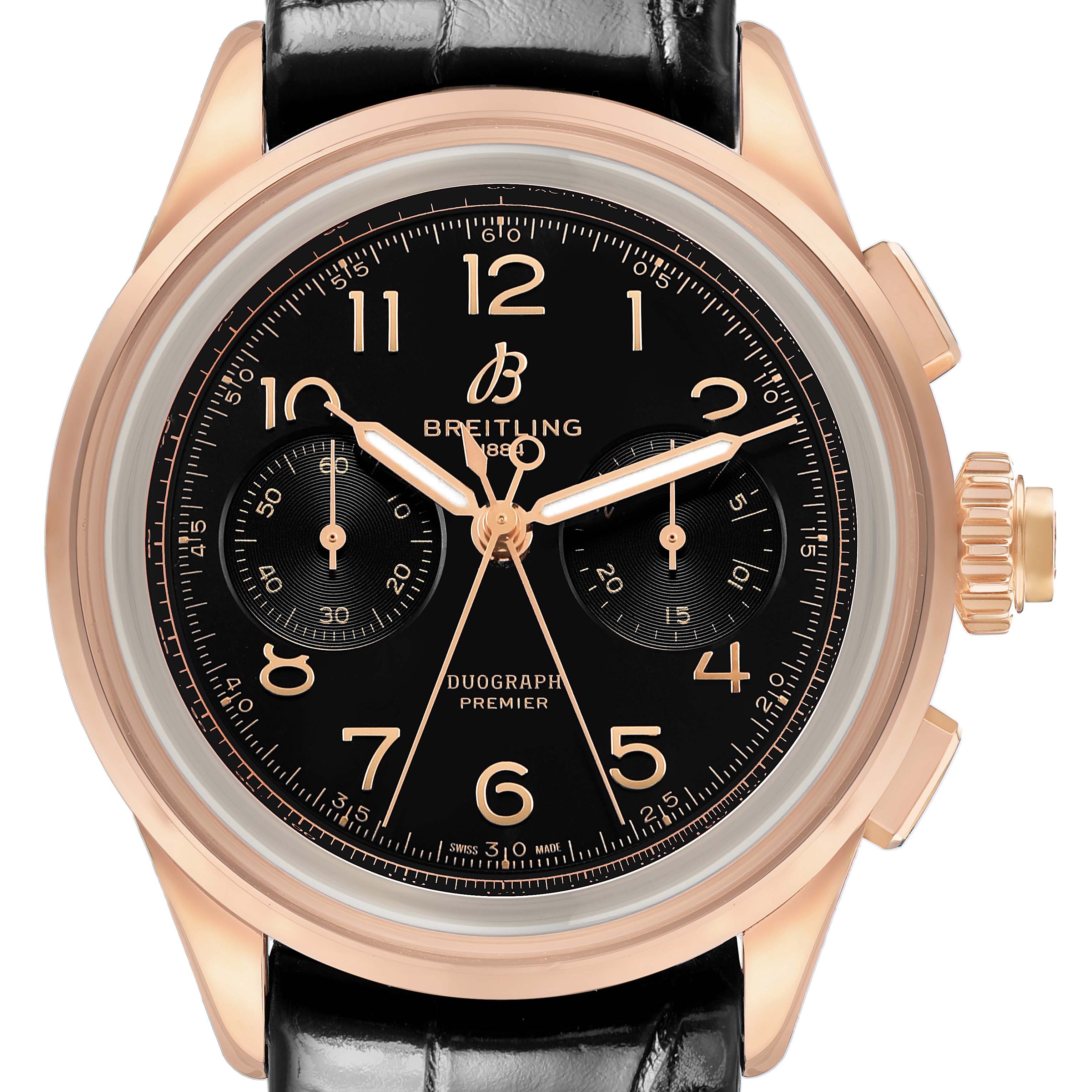 The Breitling Premier RB1510251B1P1 Men's Rose Gold Black Dial model watch is shown from a front angle, highlighting its black dial, gold numerals, and chronograph features.