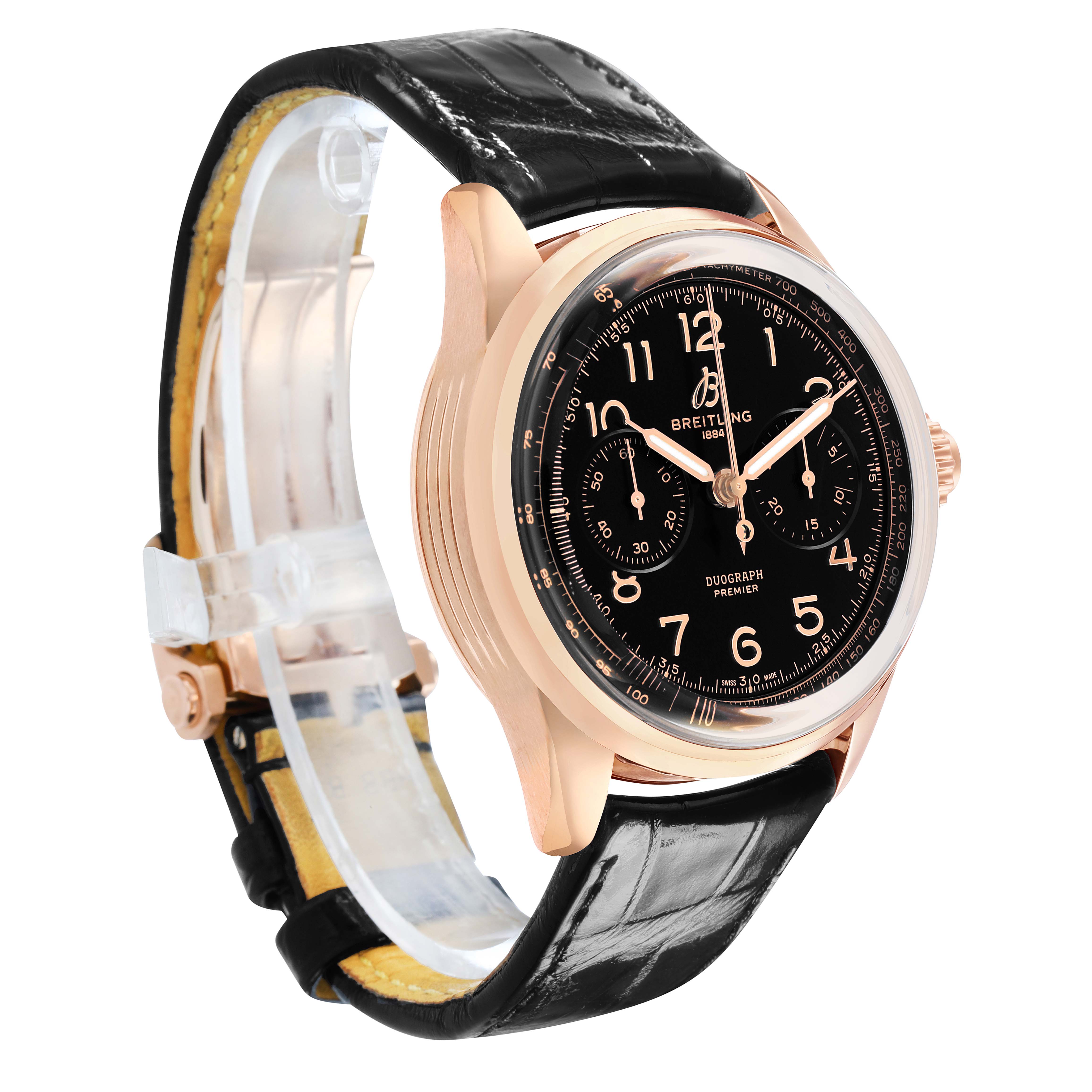 The Breitling Premier RB1510251B1P1 Men's Rose Gold Black Dial model is shown at a three-quarter angle, highlighting the face, bezel, and strap.