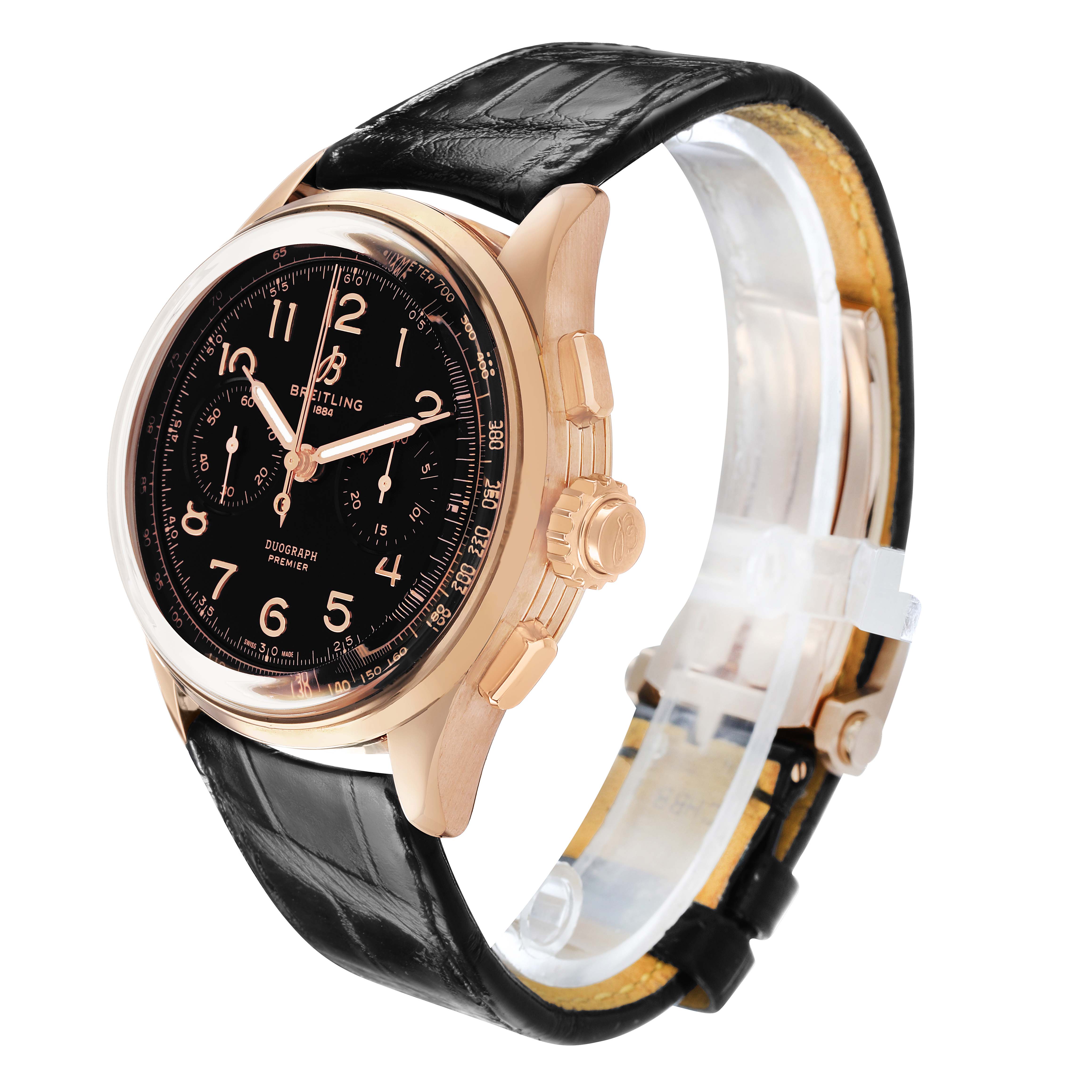 The Breitling Premier RB1510251B1P1 Men's Rose Gold Black Dial watch is shown at a side angle, highlighting its black leather strap, gold case, and black dial with subdials.