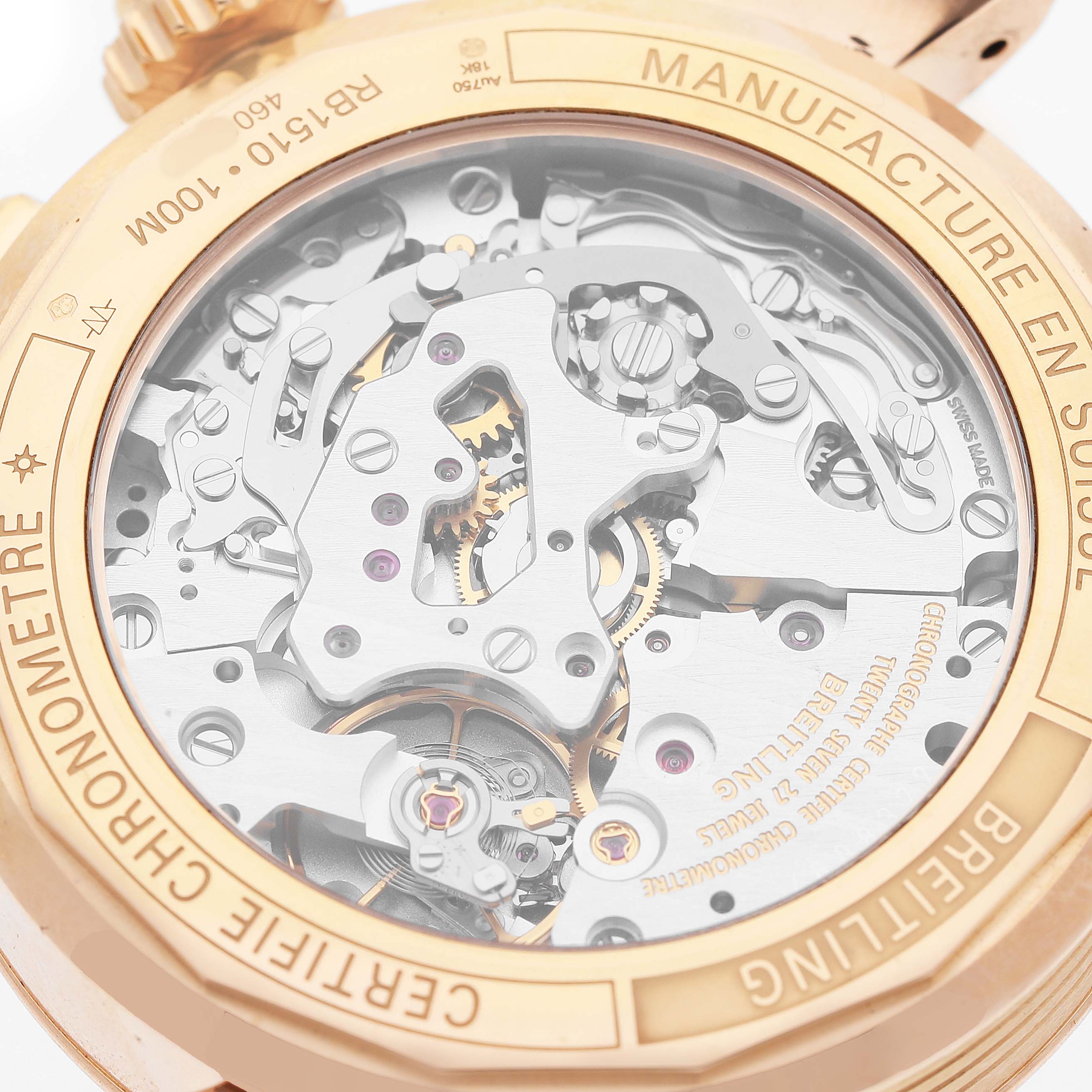 The image shows the back of a Breitling Premier RB1510251B1P1 Men's Rose Gold Black Dial watch, highlighting its intricate mechanical movement through a transparent case back.