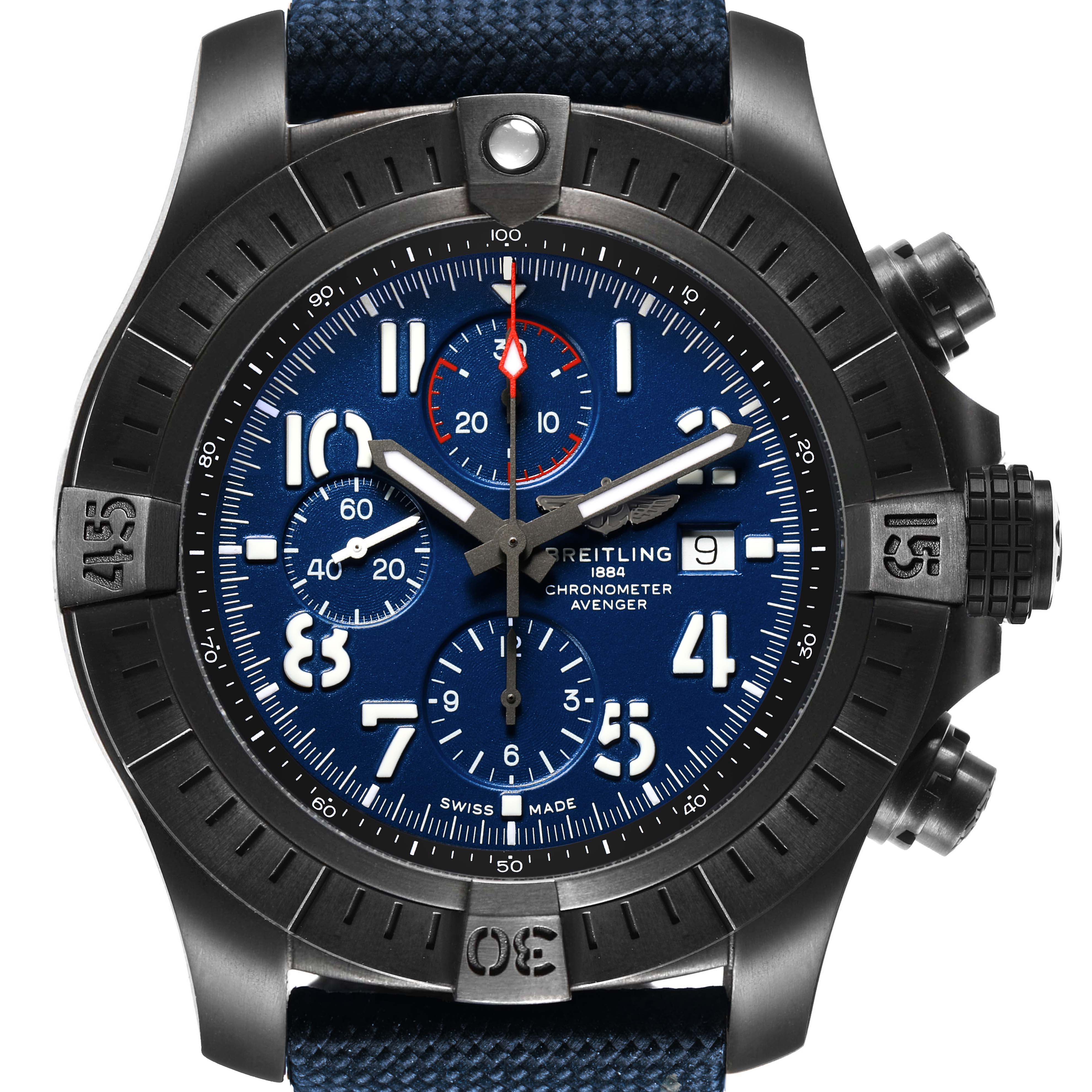 The Breitling Avenger V13375 Men's Titanium Blue Dial watch is shown from a top-down angle, highlighting its blue dial, bezel, and chronograph subdials.