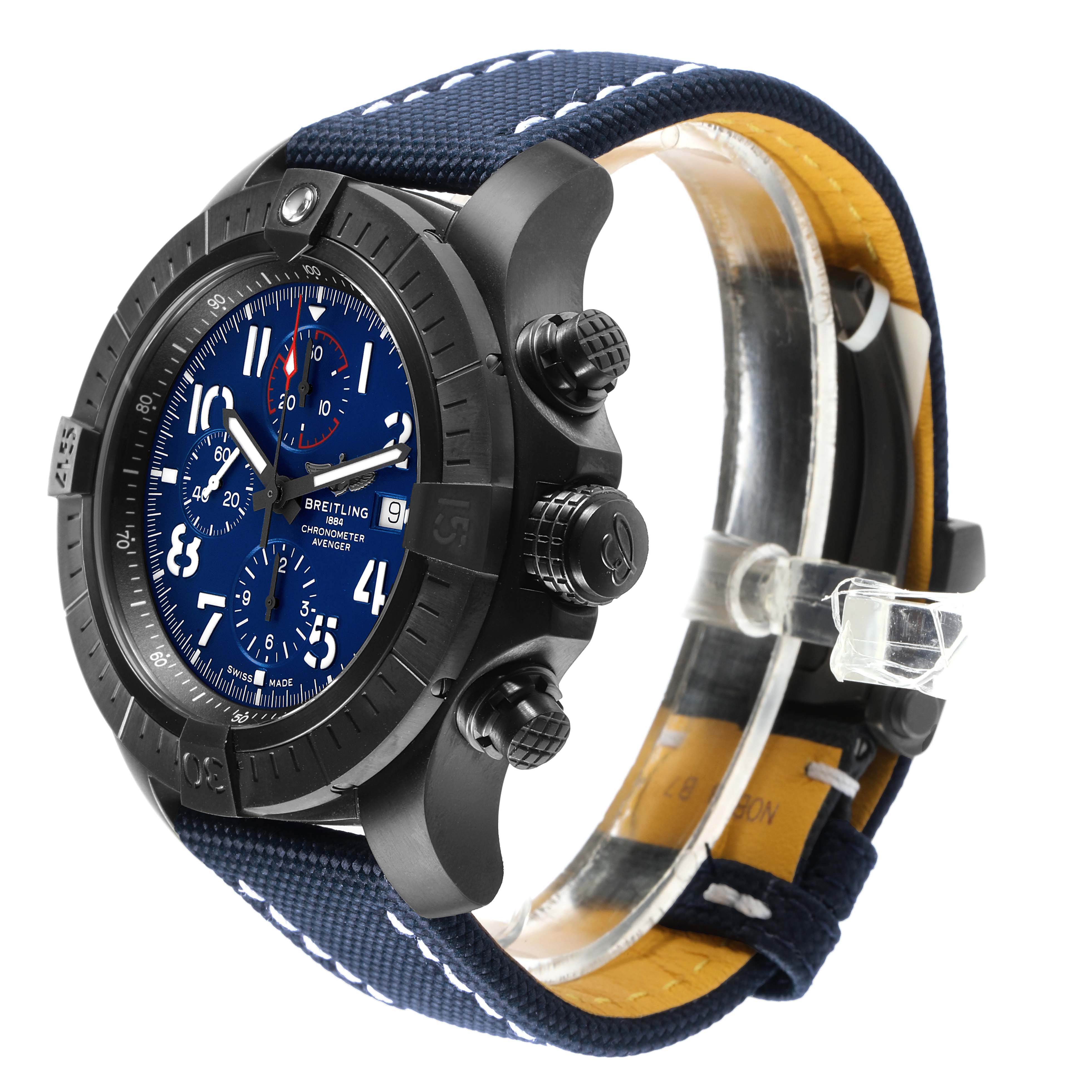 The Breitling Avenger V13375 Men's Titanium Blue Dial watch is shown at a three-quarter angle, displaying the face, bezel, crown, and pushers.