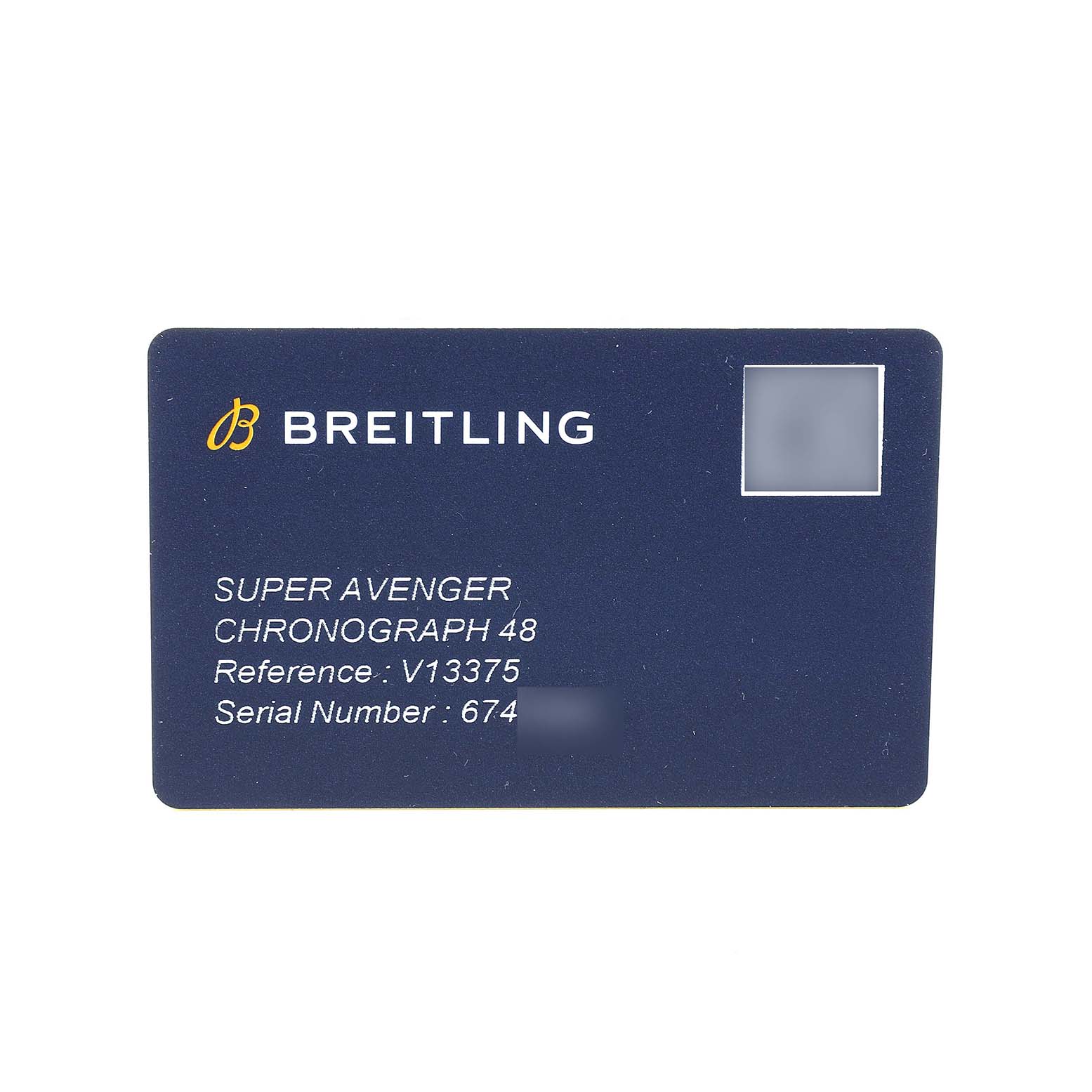 The image displays an identification card for the Breitling Avenger V13375 Men's Titanium Blue Dial Super Avenger Chronograph 48 Watch, showing its reference and serial number.