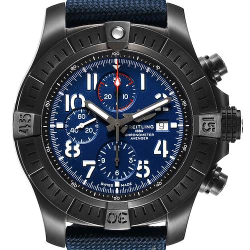 The Breitling Avenger V13375 Men's Titanium Blue Dial watch is shown from the front, displaying its blue dial, chronograph subdials, and black bezel.