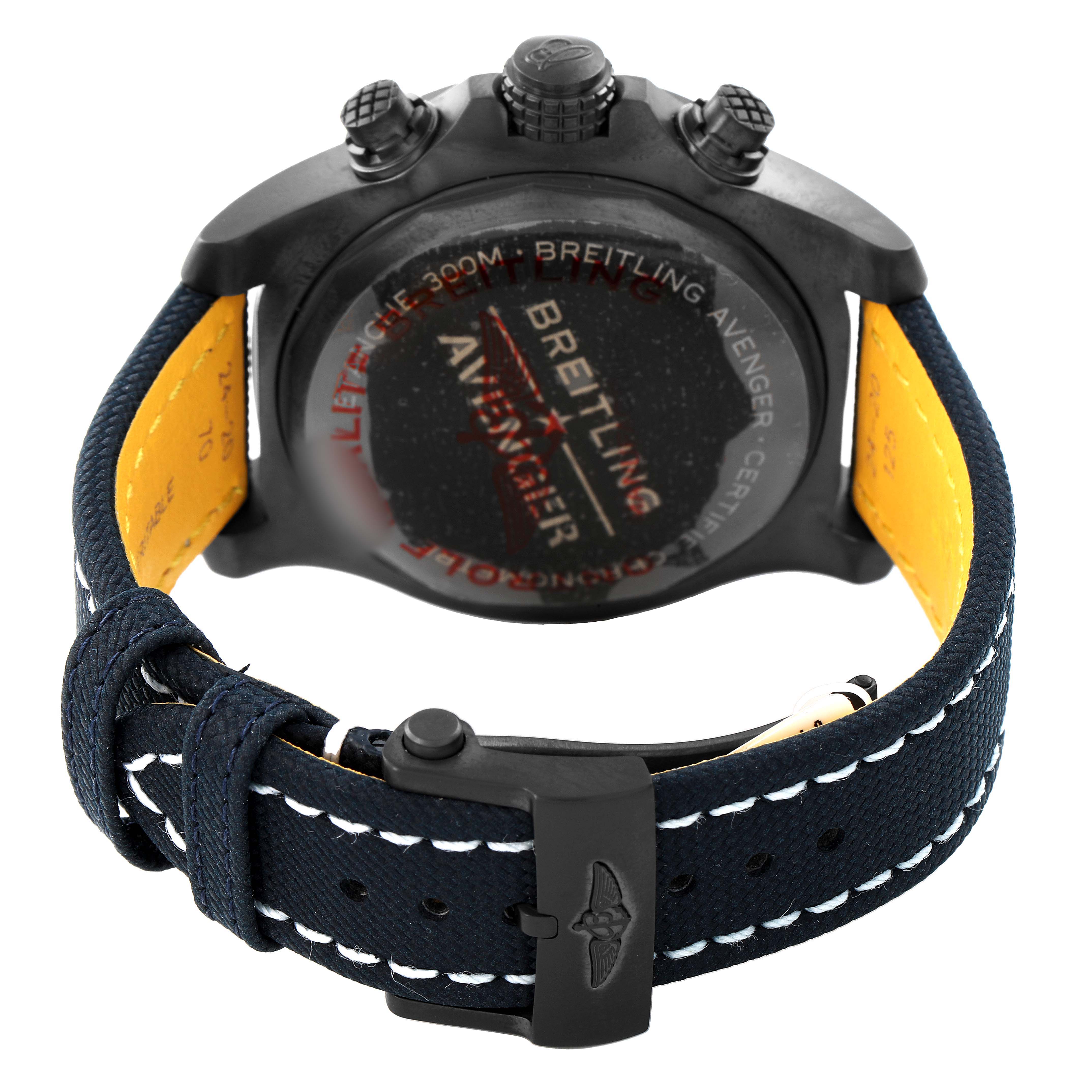 The image shows the back of the Breitling Avenger V13375 Men's Titanium Blue Dial watch, highlighting the strap, clasp, and case back.