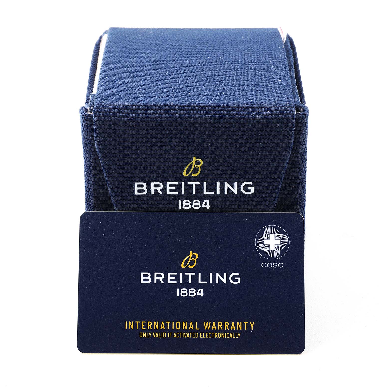 The image shows a Breitling Avenger V13375 Men's Titanium Blue Dial box and international warranty card, viewed from the front.