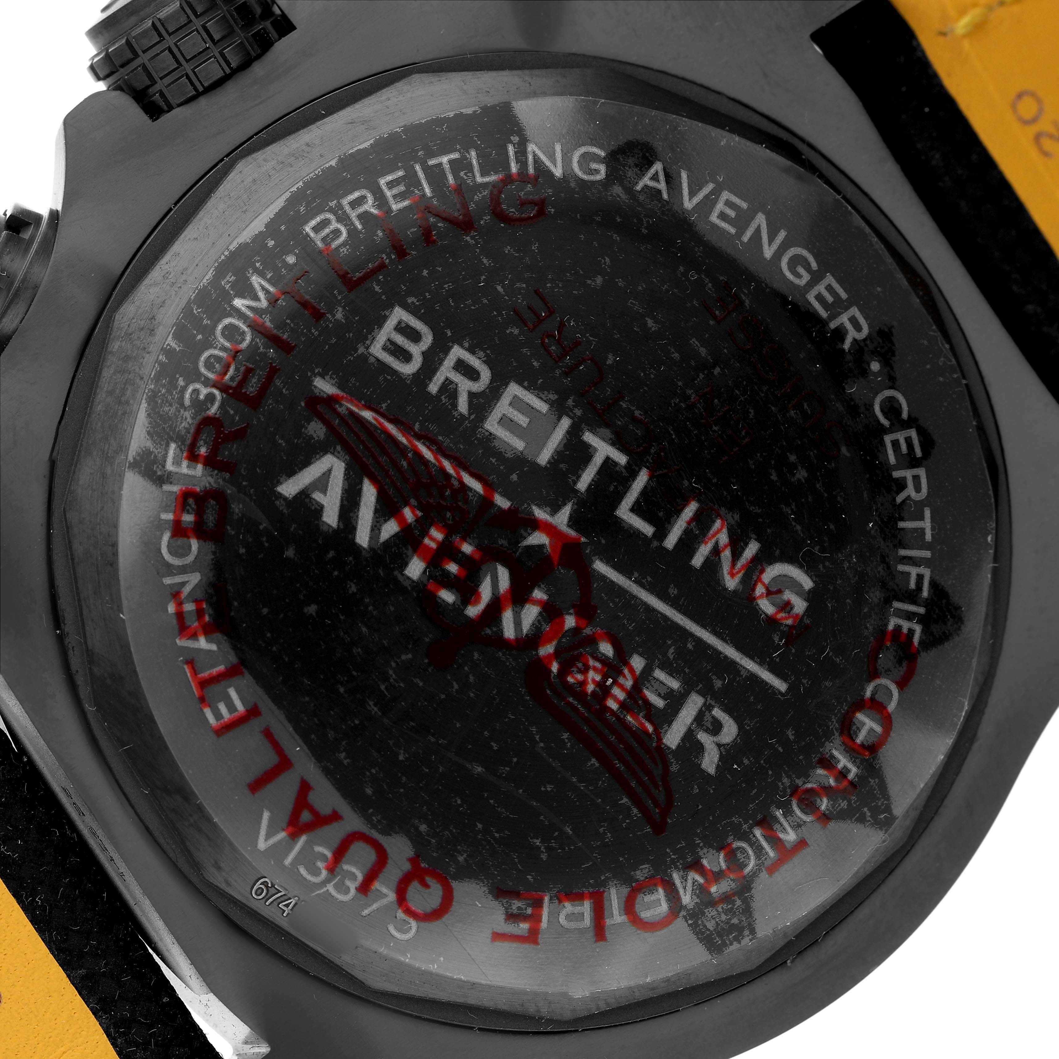 The image shows the back case of a Breitling Avenger V13375 Men's Titanium Blue Dial watch, highlighting branding and specifications.