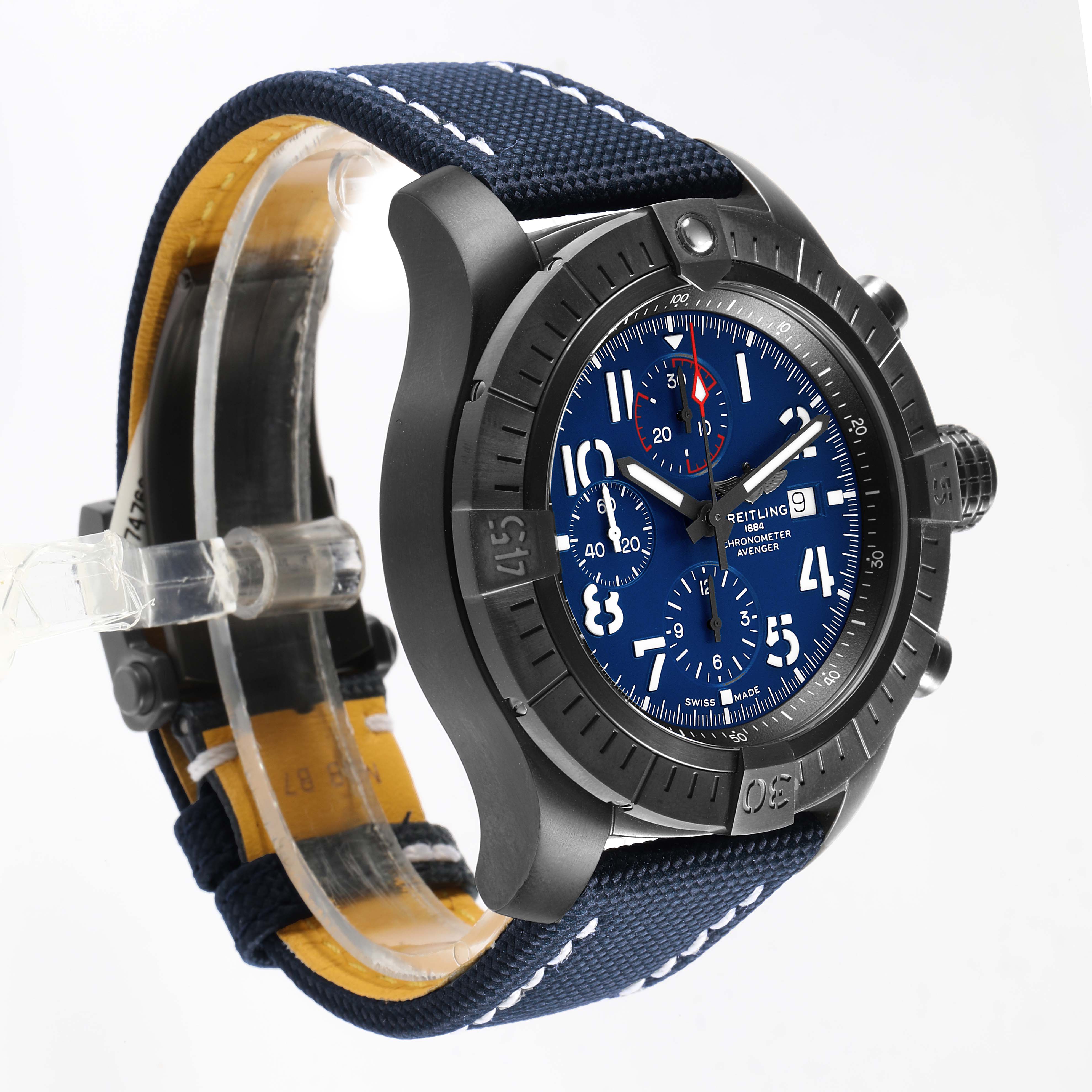 The Breitling Avenger V13375 Men's Titanium Blue Dial watch is shown at a three-quarter angle, highlighting the blue dial, bezel, and band.