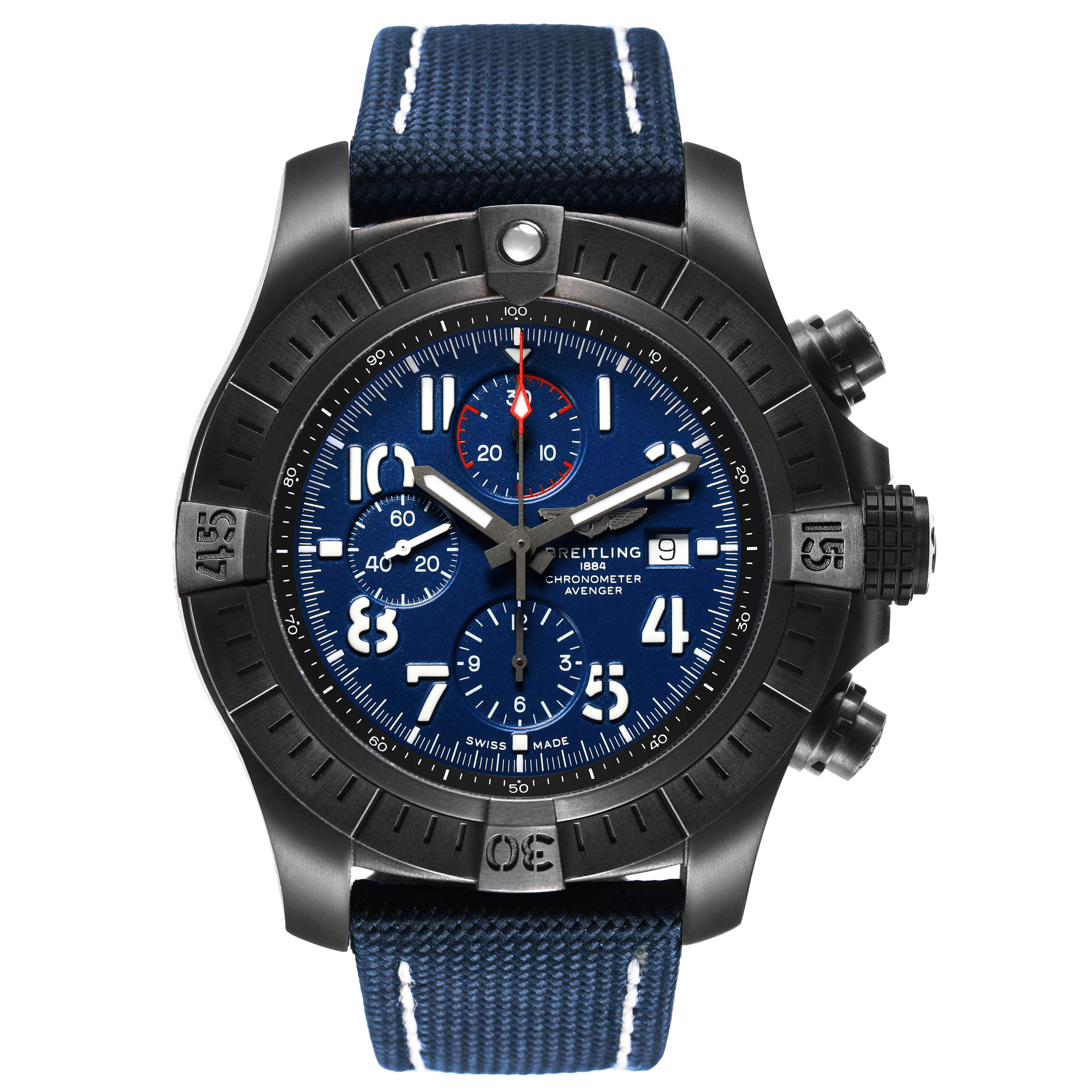 The Breitling Avenger V13375 Men's Titanium Blue Dial watch is shown from a top view, displaying its face, bezel, crowns, and strap.