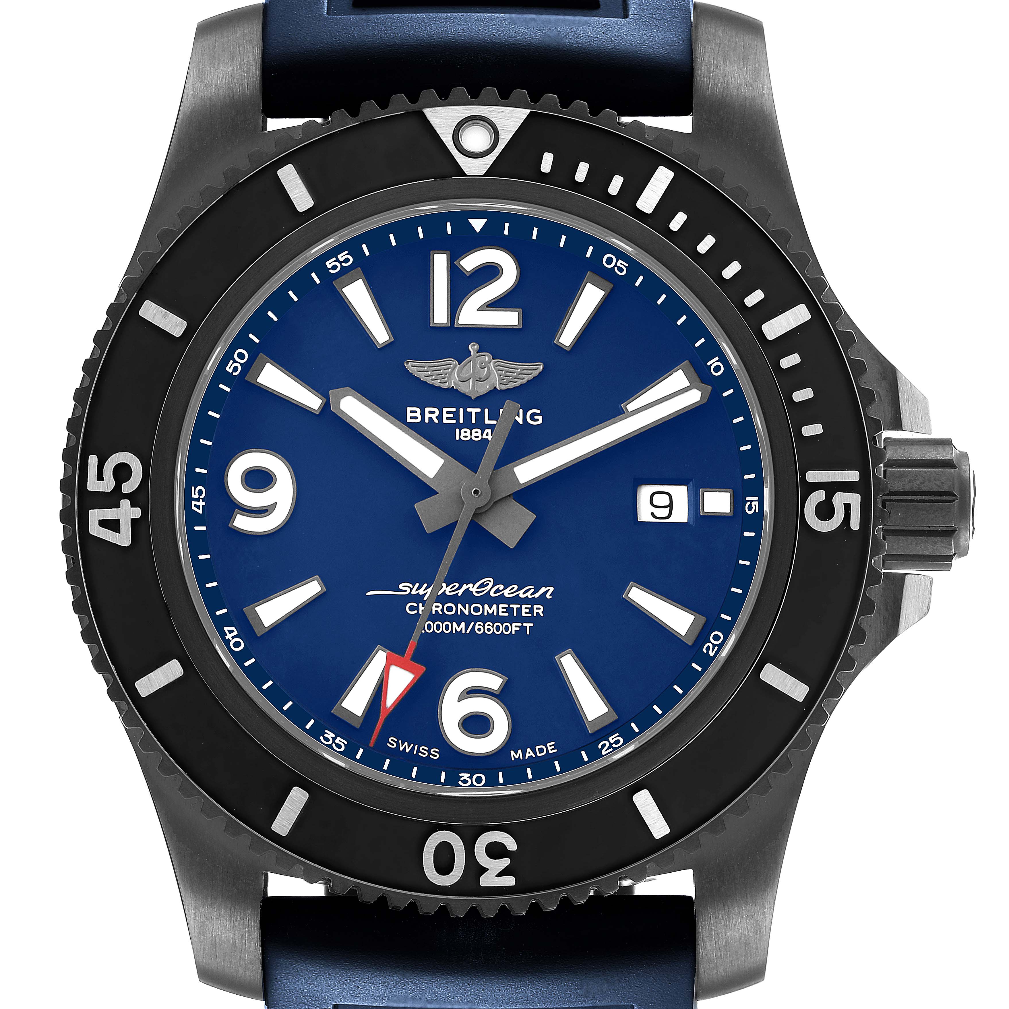 The image shows a front view of the Breitling Superocean M17368 Men's Stainless Steel Blue Dial watch, highlighting the dial, bezel, and crown.