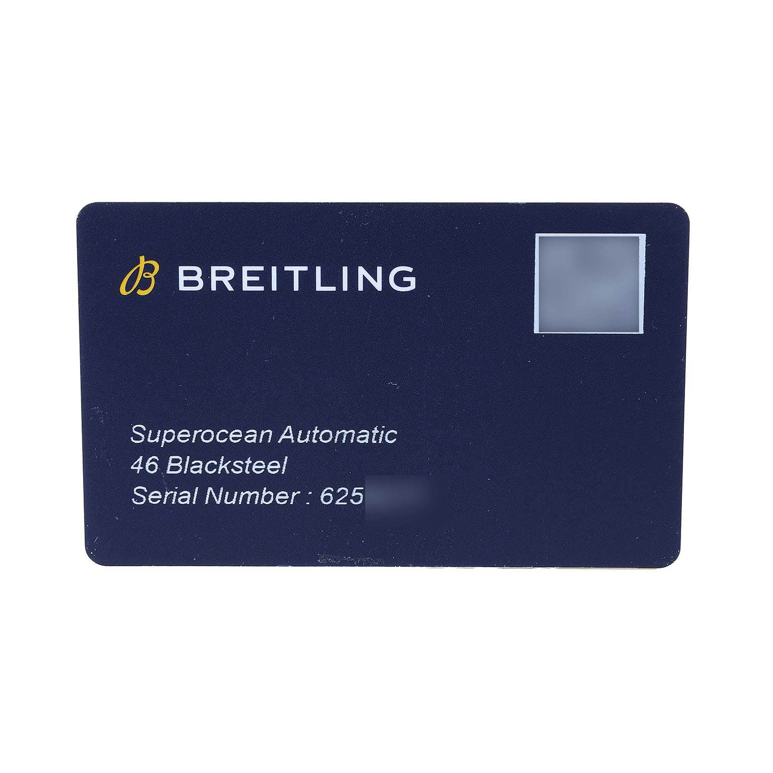 The image shows a Breitling Superocean M17368 Men's Stainless Steel Blue Dial warranty card, displaying model specifications and a serial number.