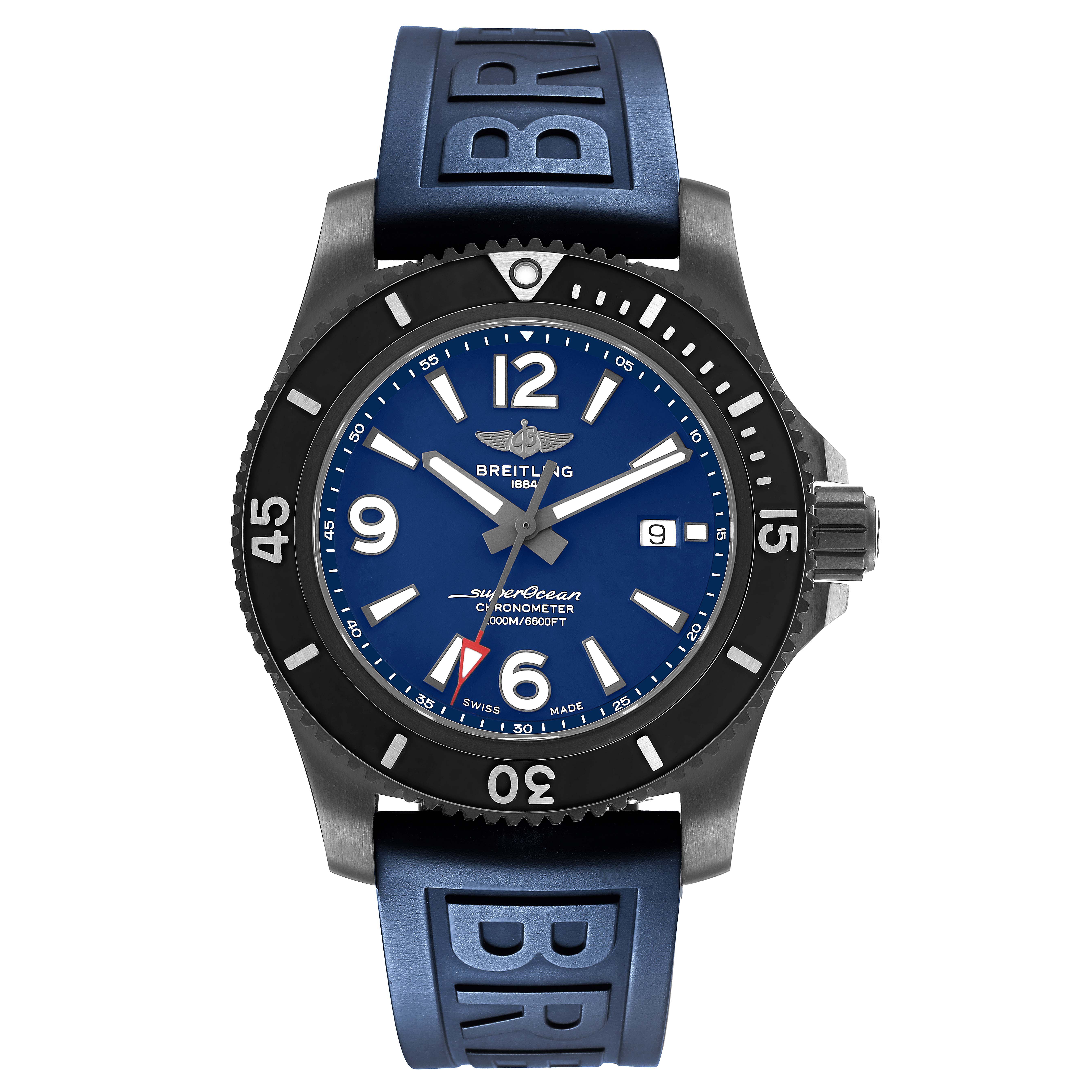 The Breitling Superocean M17368 Men's Stainless Steel Blue Dial watch is shown from a front angle, highlighting its blue dial, black bezel, and blue strap.