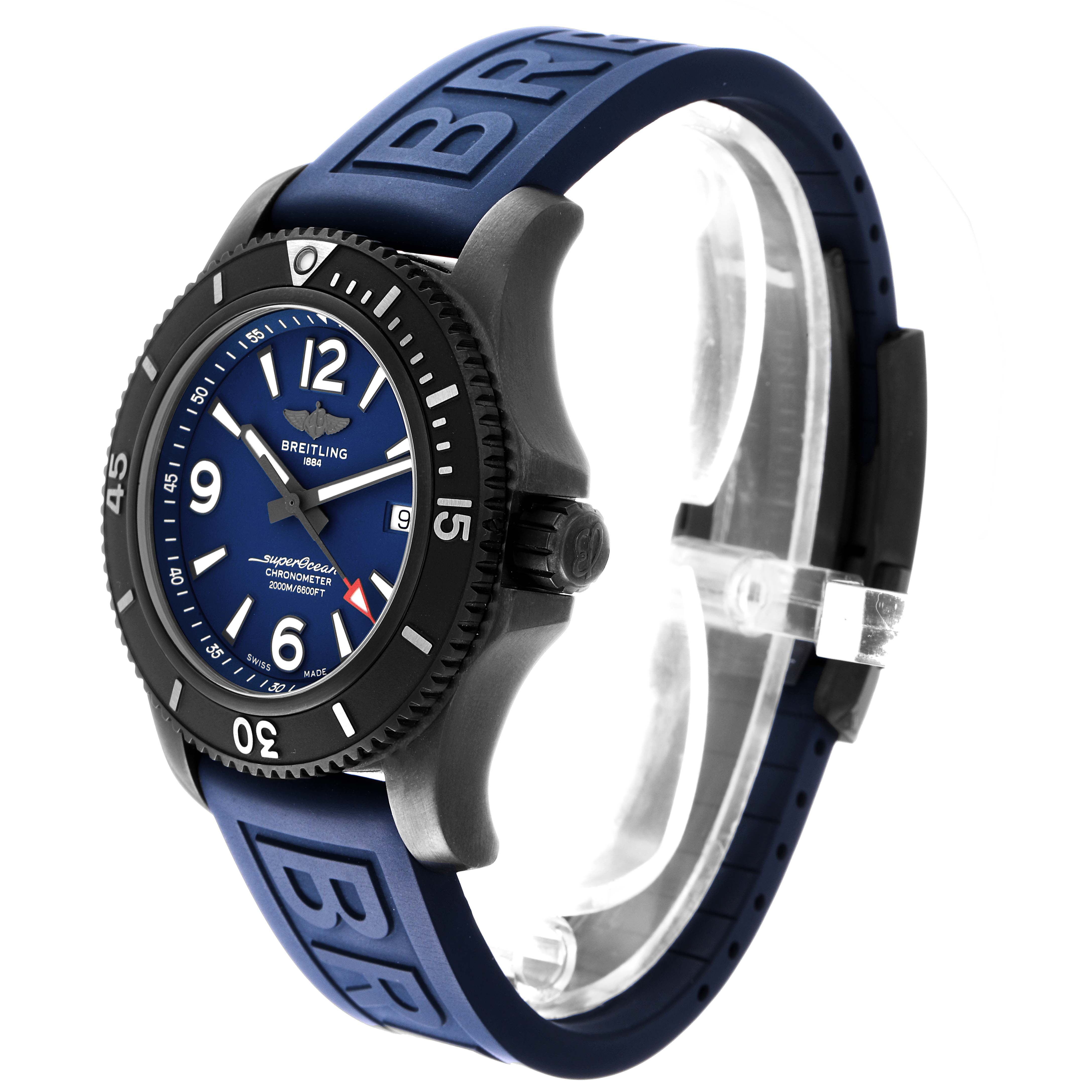 The Breitling Superocean M17368 Men's Stainless Steel Blue Dial watch is shown from a three-quarter angle, highlighting the bezel, dial, and blue strap.
