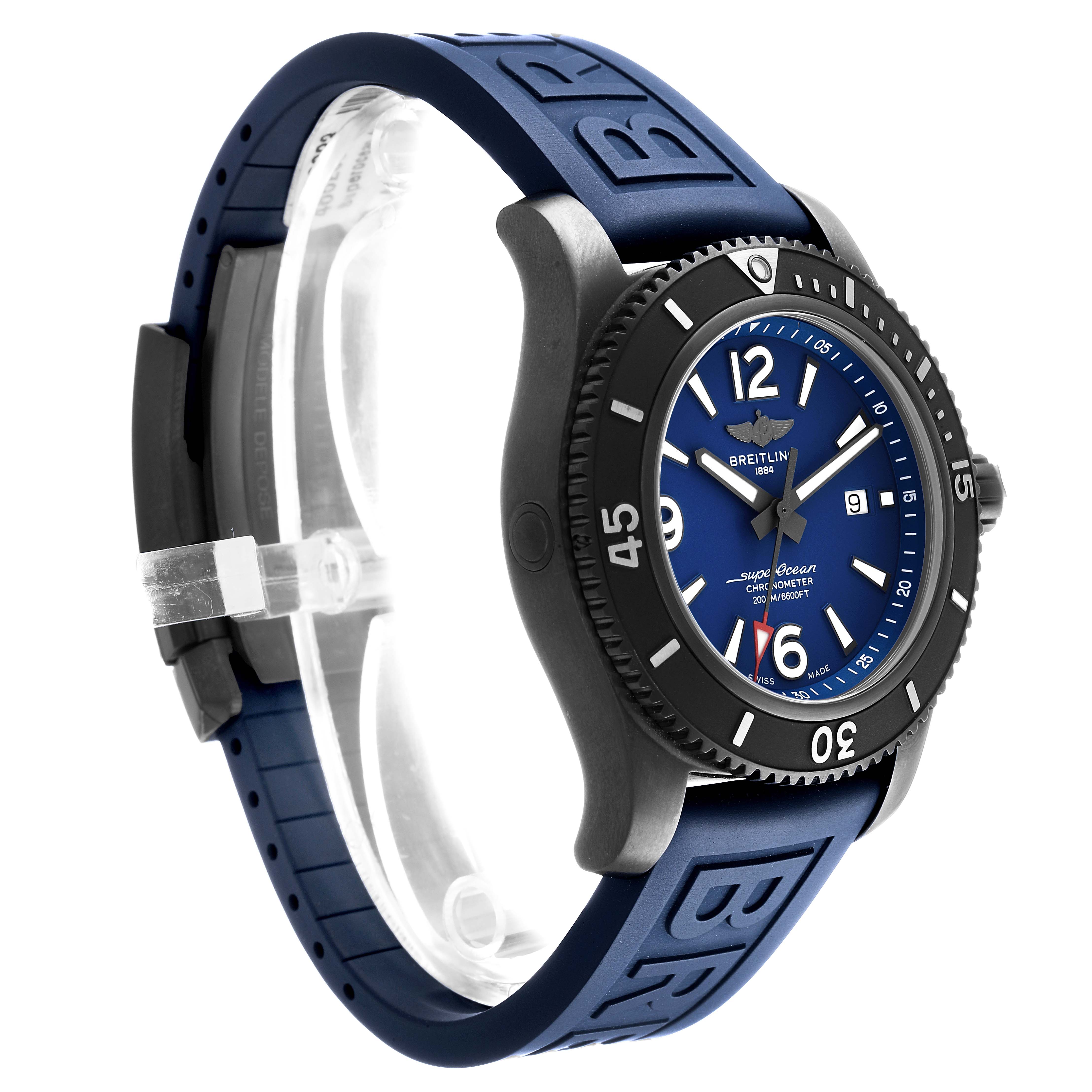 The Breitling Superocean M17368 Men's Stainless Steel Blue Dial watch is shown at a slight side angle, highlighting the bezel, case, dial, and strap.
