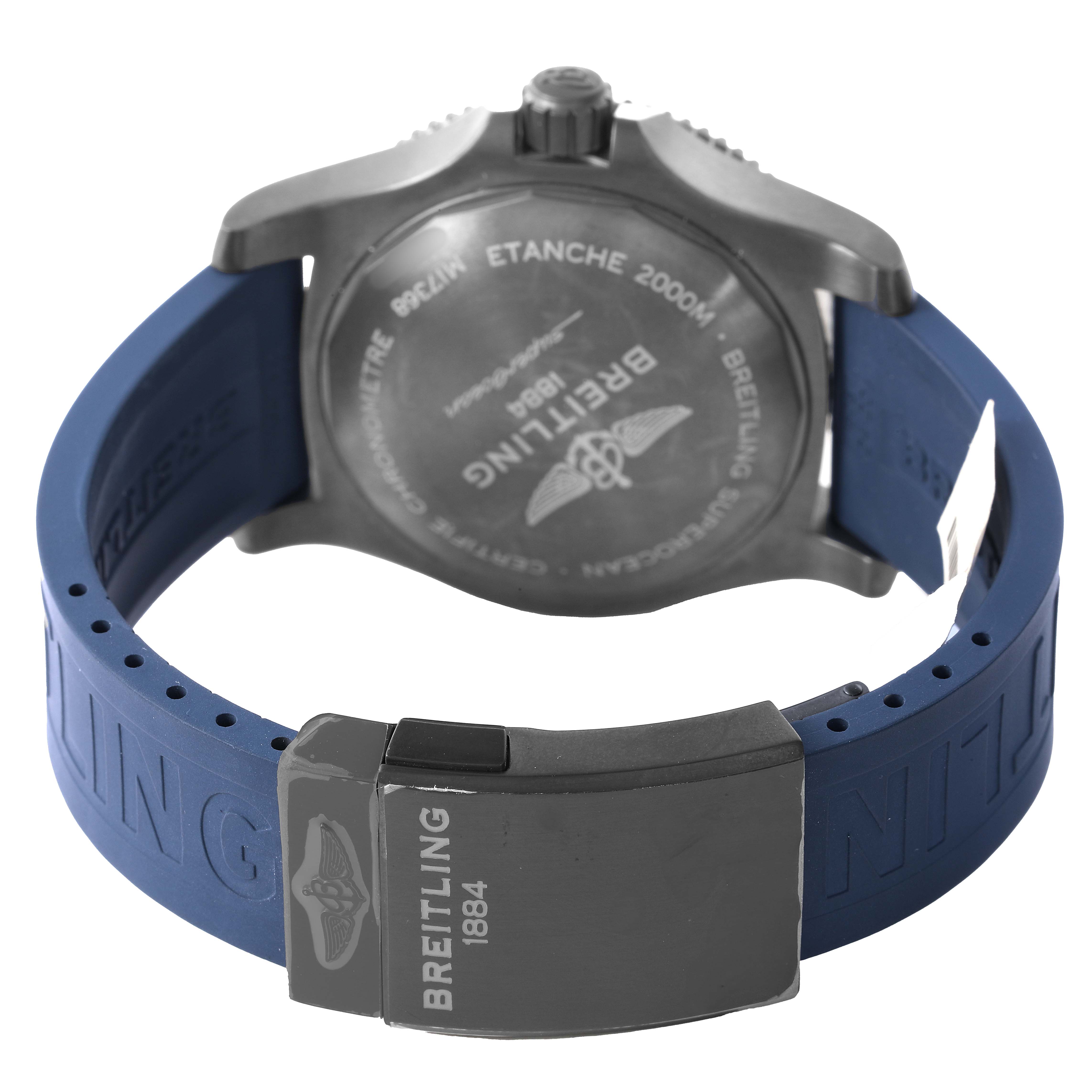 The image shows the back case and blue strap of the Breitling Superocean M17368 Men's Stainless Steel Blue Dial watch with its clasp visible.