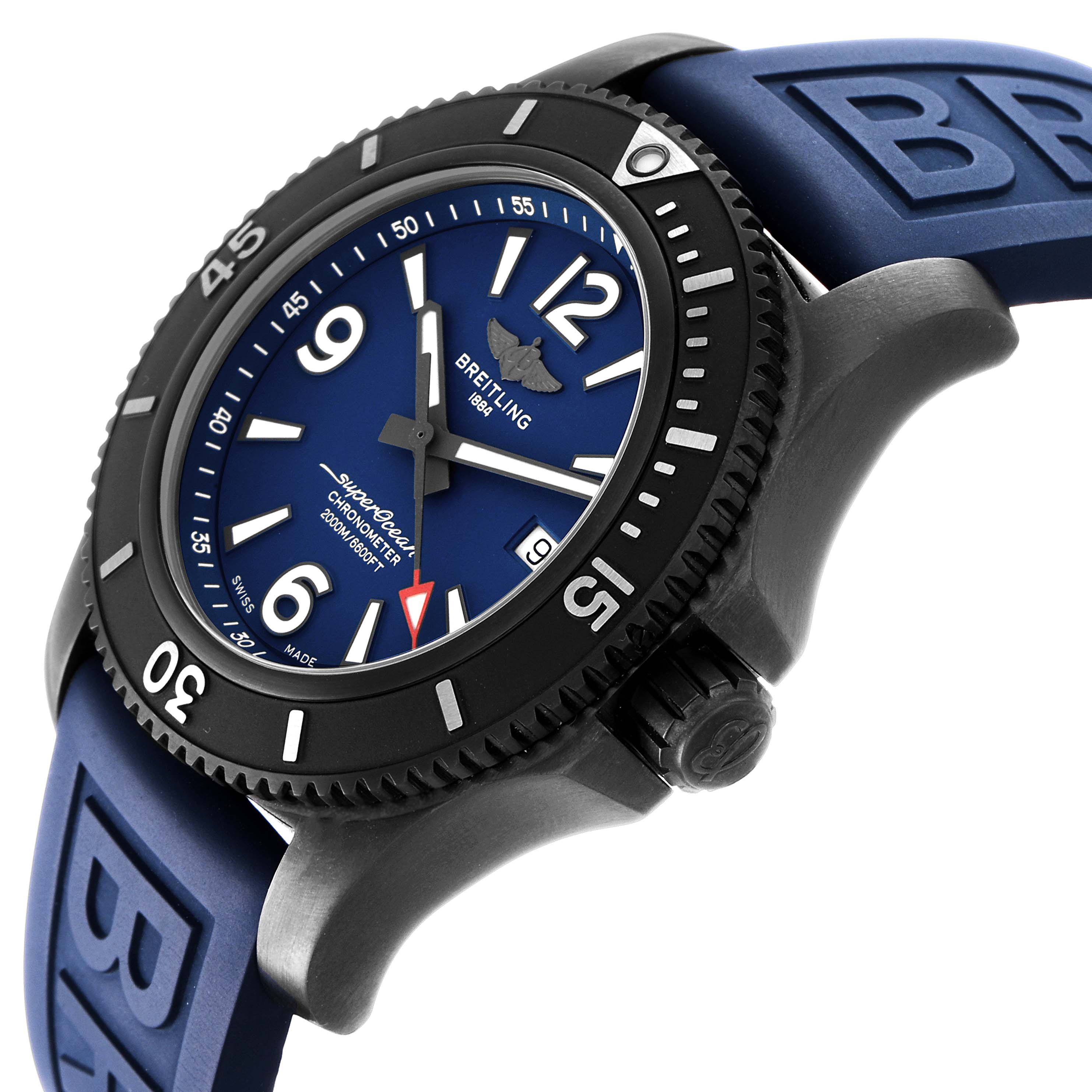 The image shows a side angle of the Breitling Superocean M17368 Men's Stainless Steel Blue Dial watch, highlighting the blue dial, black bezel, and blue strap.