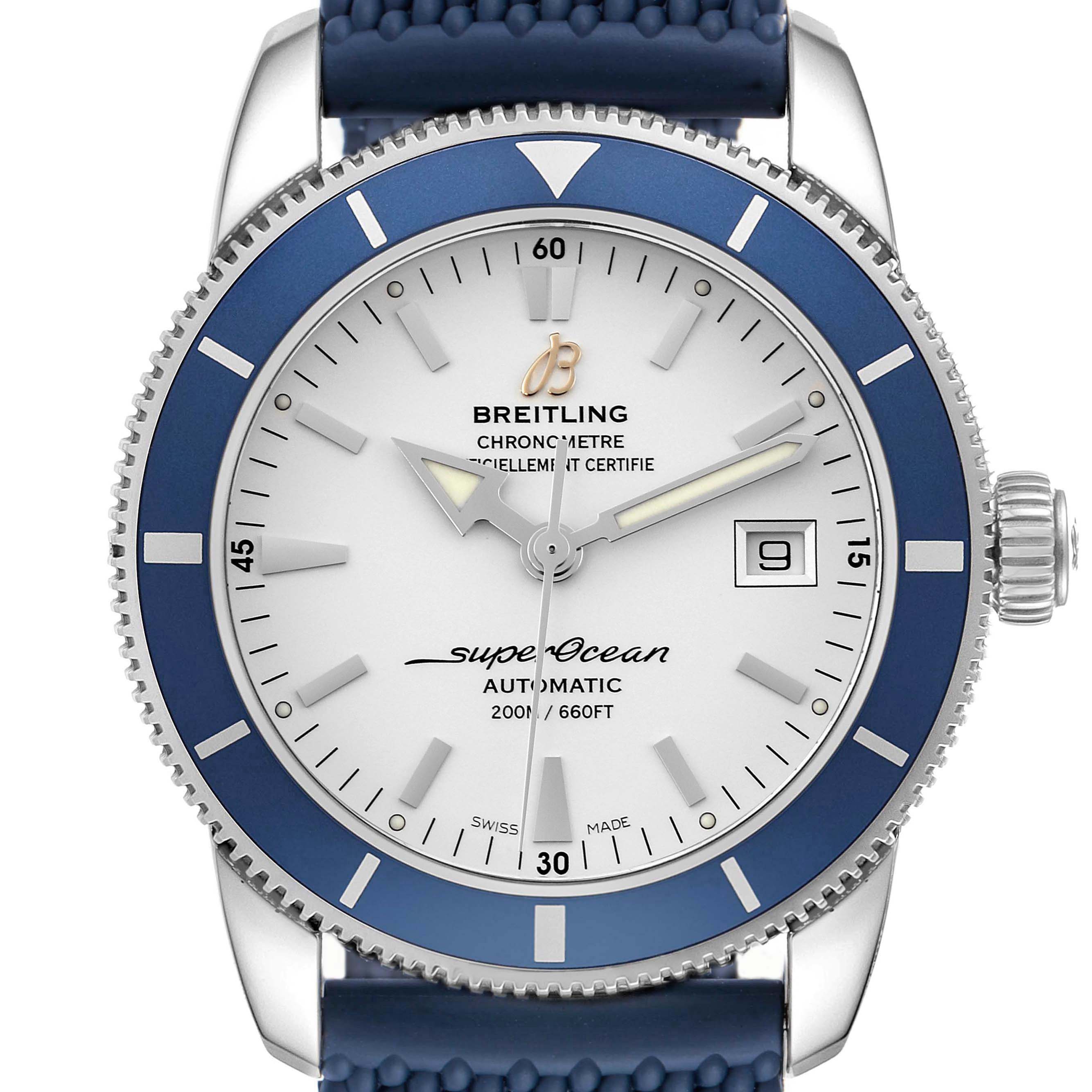 The Breitling Superocean A17321 Men's Stainless Steel Silver Dial A17321 Men's Stainless Steel Silver Dial watch is shown from a front angle, displaying the dial, bezel, and crown.