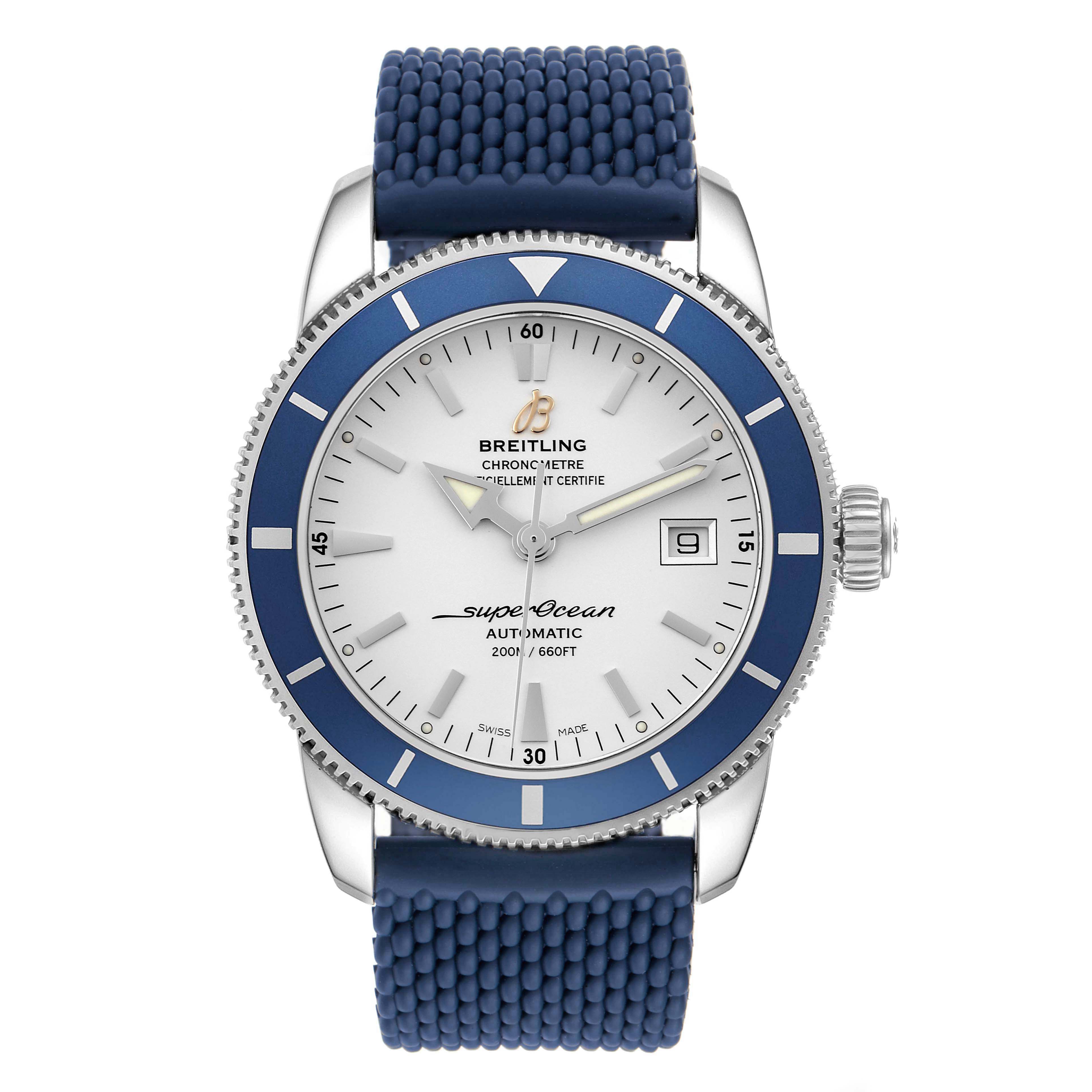 The image shows a Breitling Superocean A17321 Men's Stainless Steel Silver Dial A17321 Men's Stainless Steel Silver Dial watch from a front angle, displaying the dial, bezel, and blue strap.