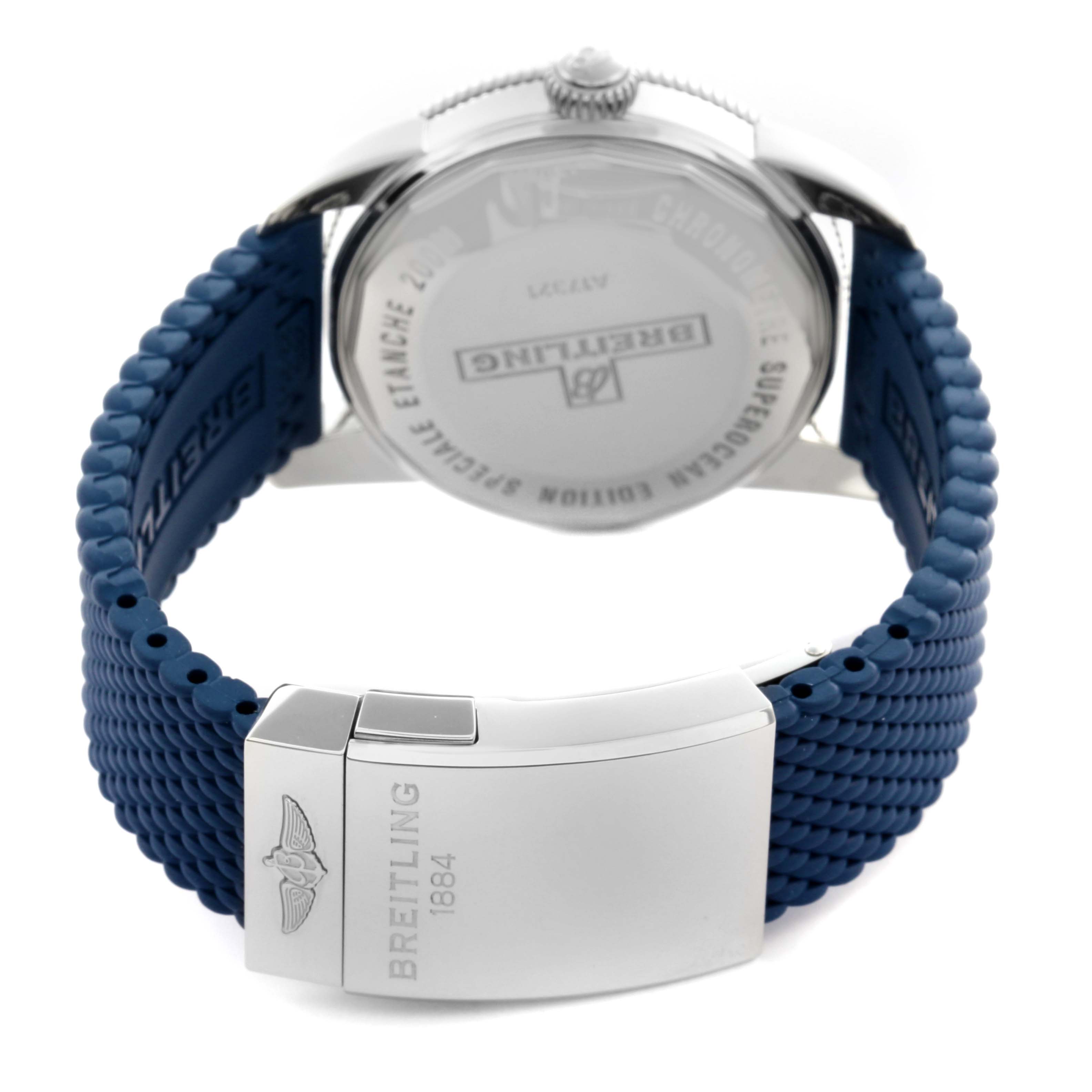 The image shows the back of a Breitling Superocean A17321 Men's Stainless Steel Silver Dial A17321 Men's Stainless Steel Silver Dial watch, highlighting the clasp and blue strap.