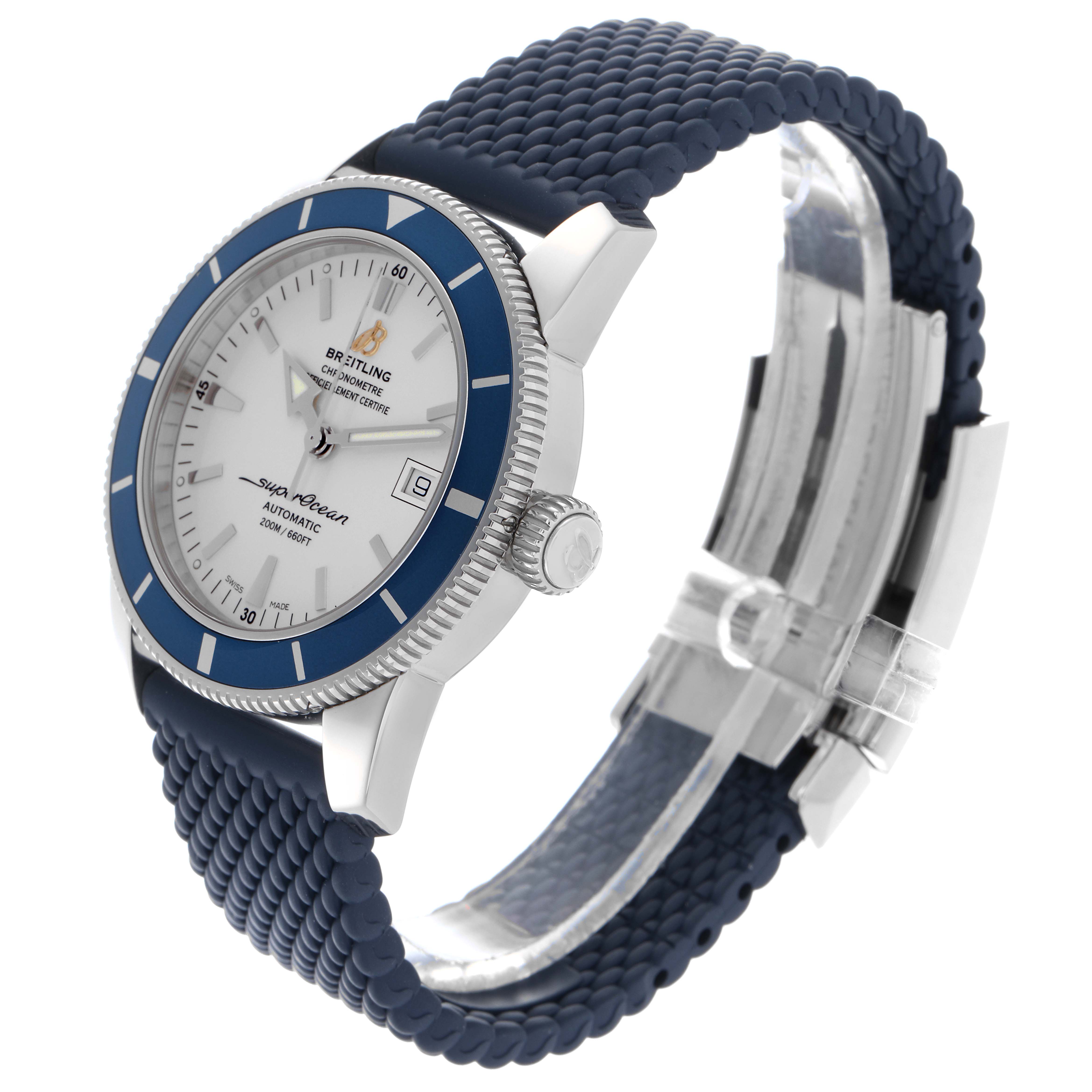 The Breitling Superocean A17321 Men's Stainless Steel Silver Dial A17321 Men's Stainless Steel Silver Dial watch is shown at a three-quarter angle, displaying the case, bezel, crown, and blue strap.
