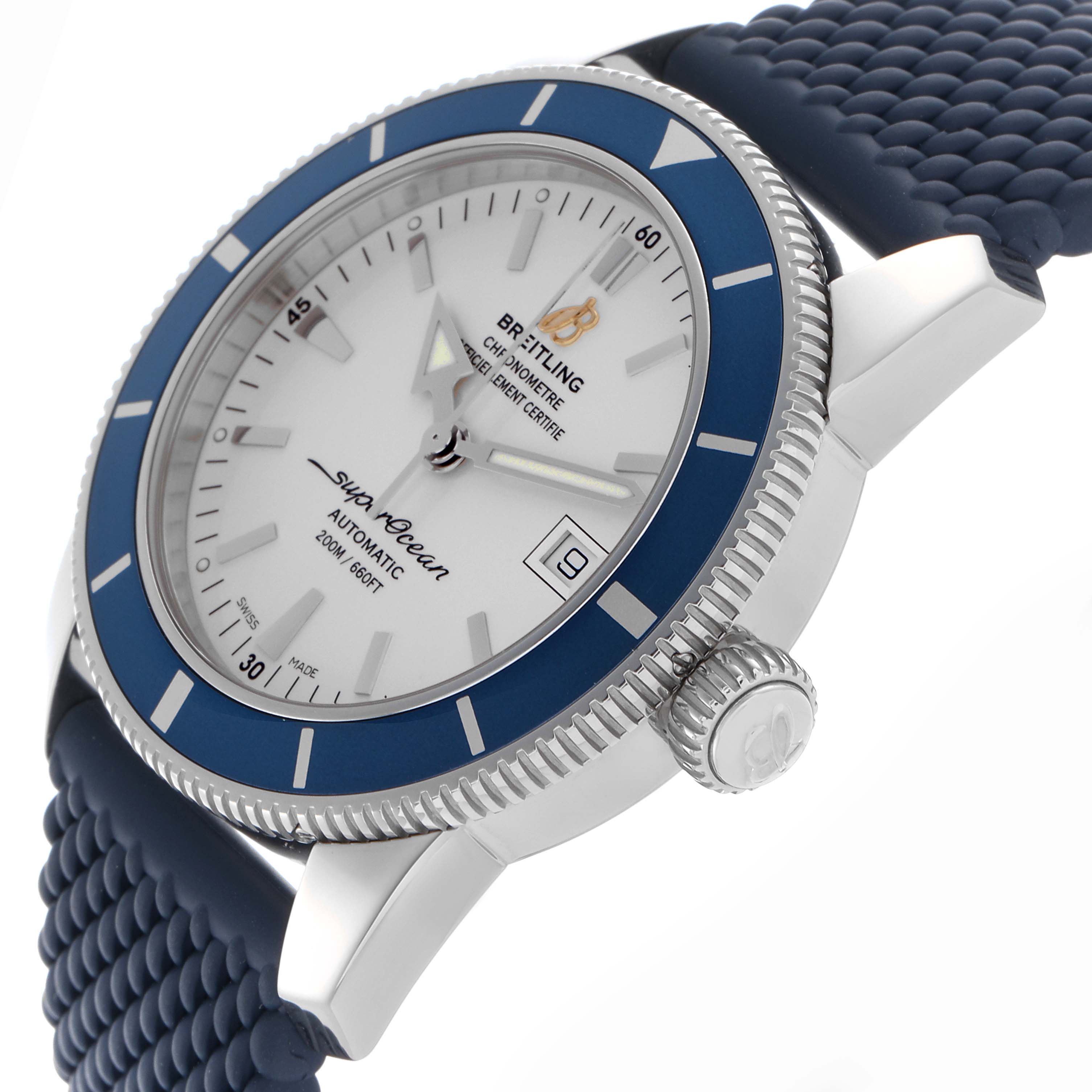 The Breitling Superocean A17321 Men's Stainless Steel Silver Dial A17321 Men's Stainless Steel Silver Dial watch is shown at a slight side angle, displaying the face, bezel, crown, and textured strap.
