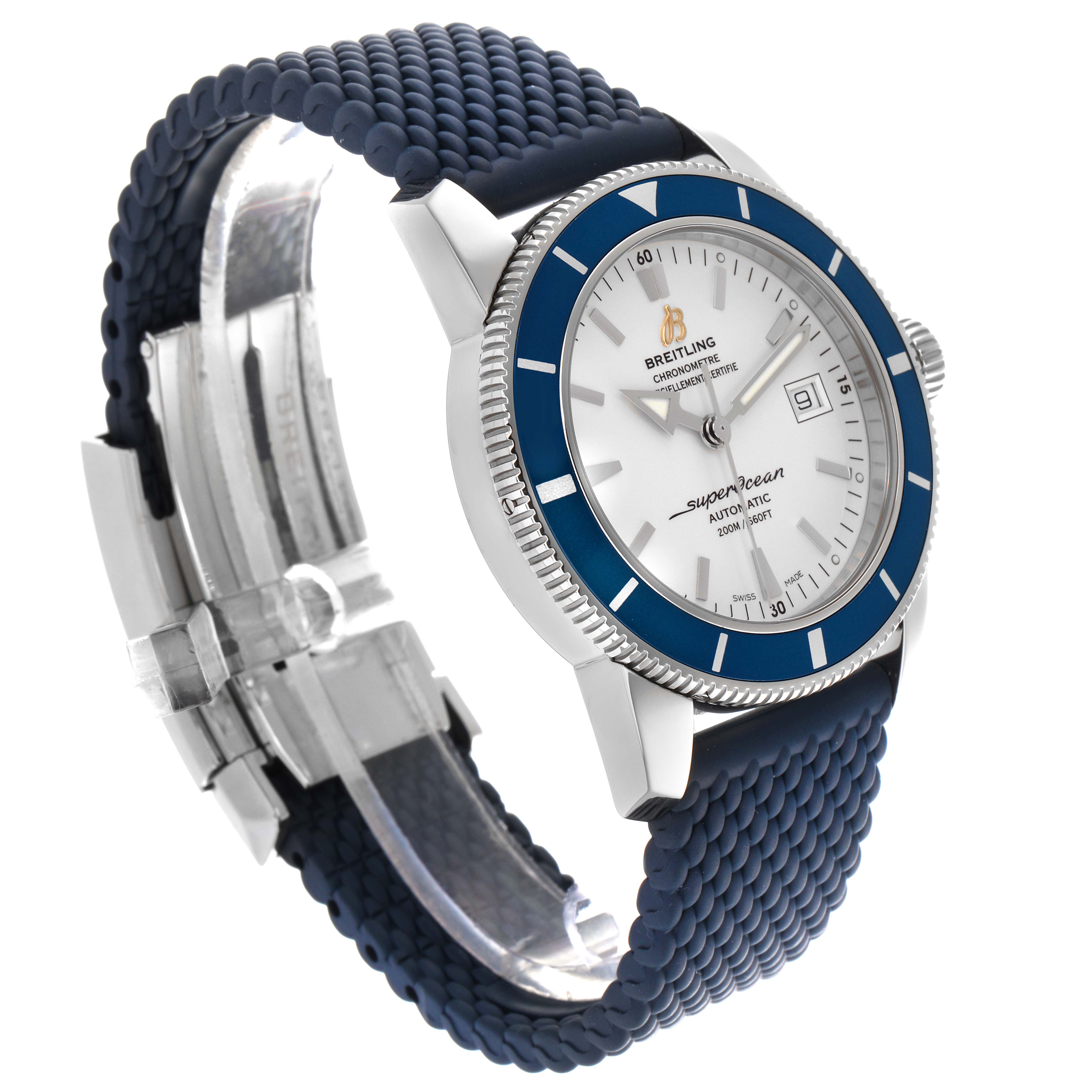 The Breitling Superocean A17321 Men's Stainless Steel Silver Dial A17321 Men's Stainless Steel Silver Dial watch is shown at a three-quarter angle, displaying its dial, bezel, and textured strap.