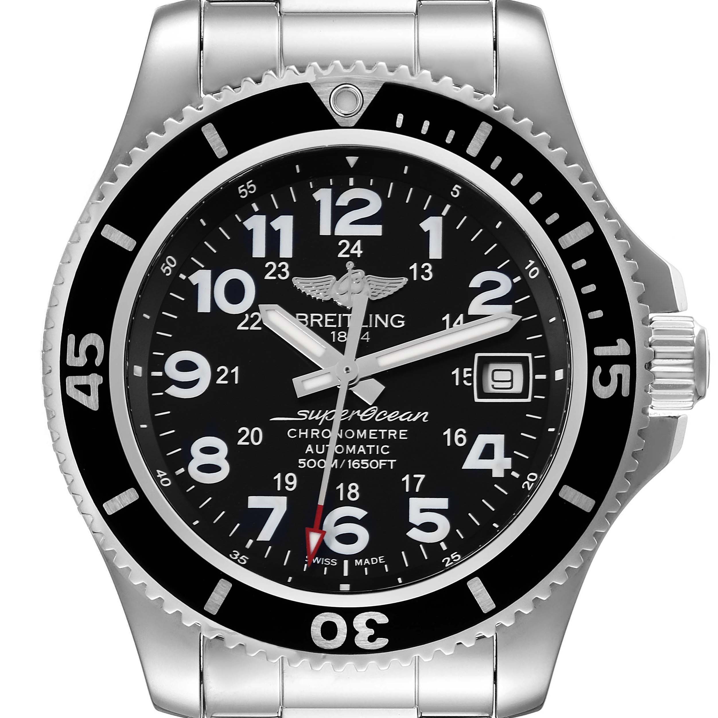 The image shows a front view of a Breitling Superocean A17365 Men's Stainless Steel Black Dial A17365 Men's Stainless Steel Black Dial watch, highlighting the dial, bezel, and part of the stainless steel bracelet.