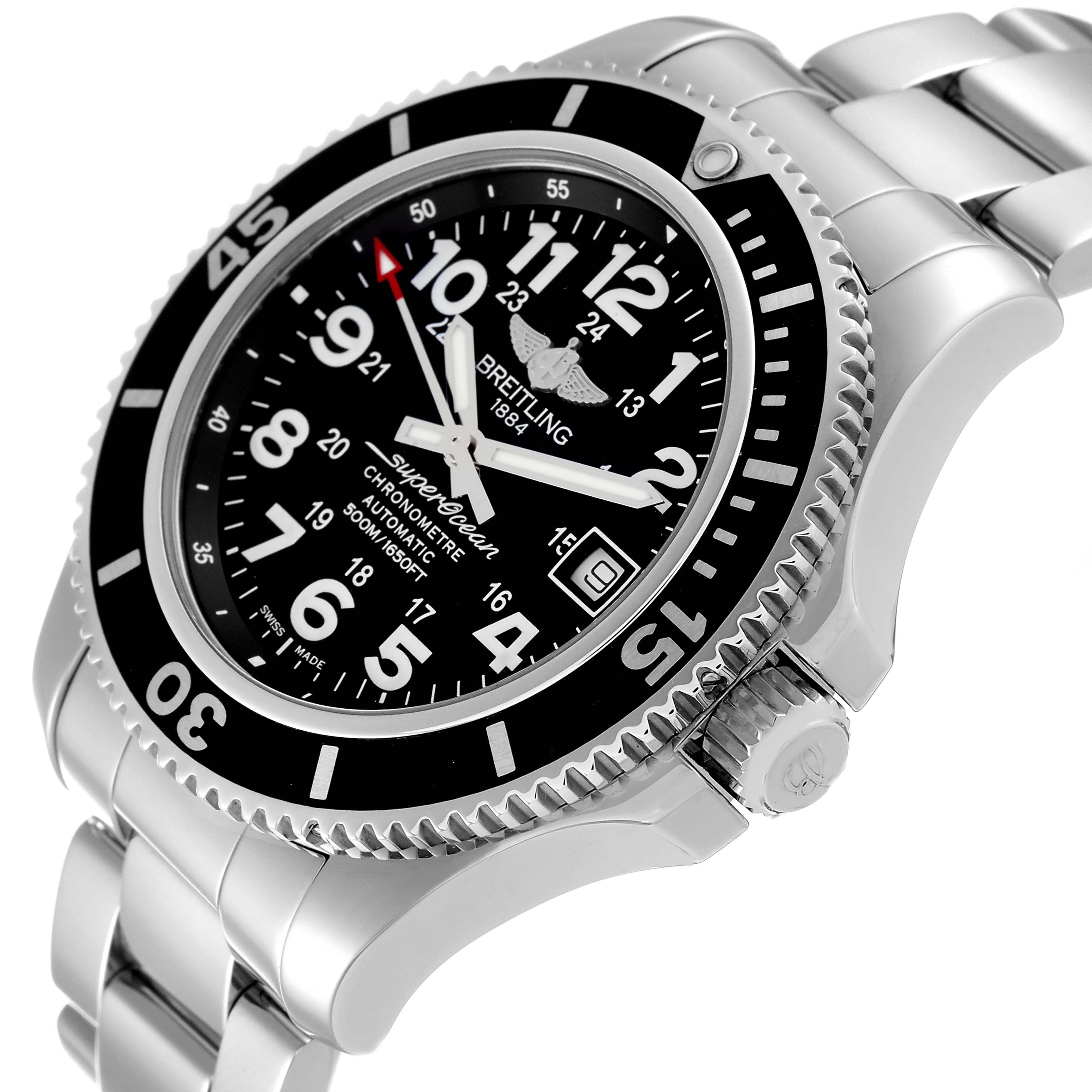 This image shows a side angle view of the Breitling Superocean A17365 Men's Stainless Steel Black Dial A17365 Men's Stainless Steel Black Dial watch, highlighting its bezel, dial, and bracelet.