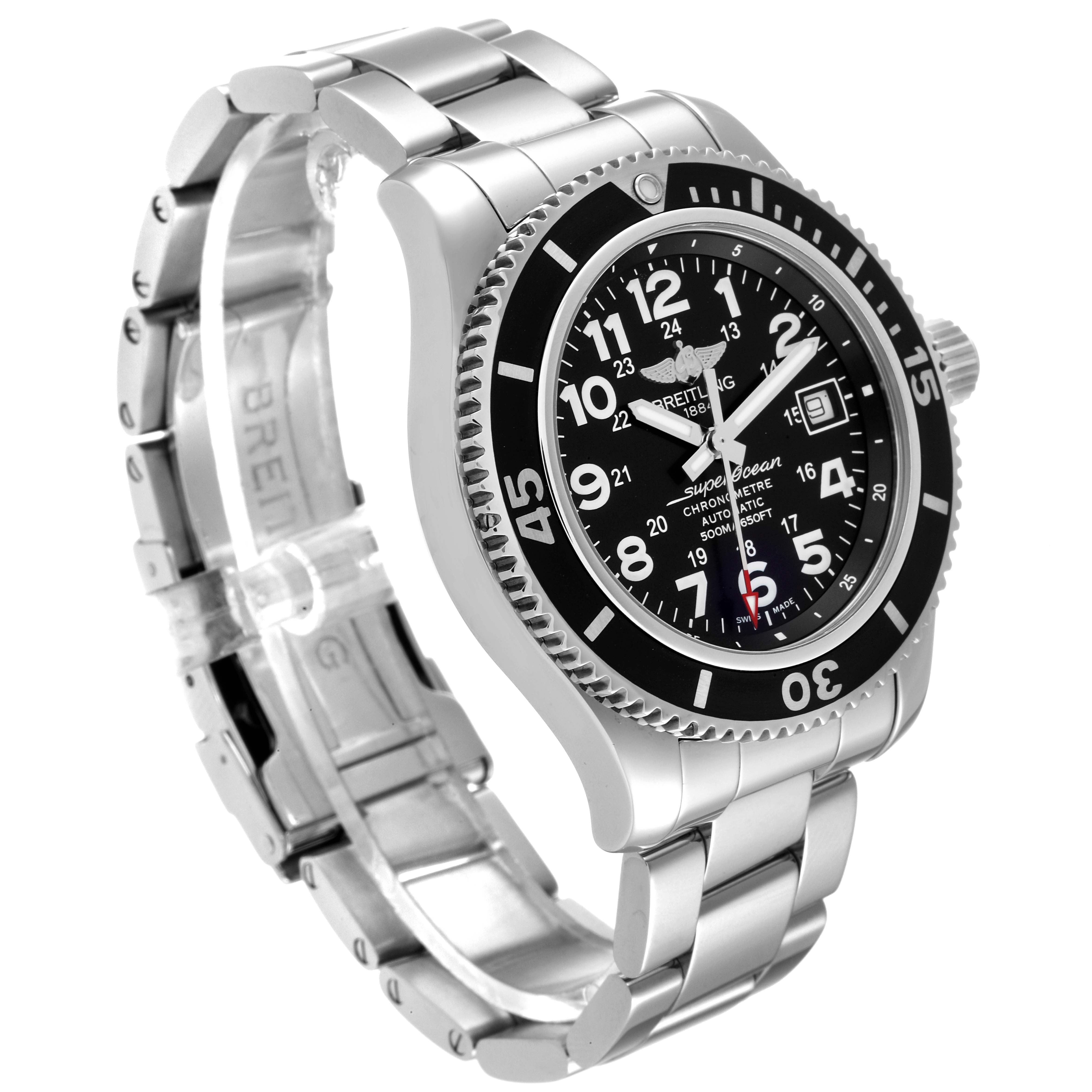 This Breitling Superocean A17365 Men's Stainless Steel Black Dial A17365 Men's Stainless Steel Black Dial watch is shown at a three-quarter angle, highlighting the dial, bezel, crown, and metal bracelet.
