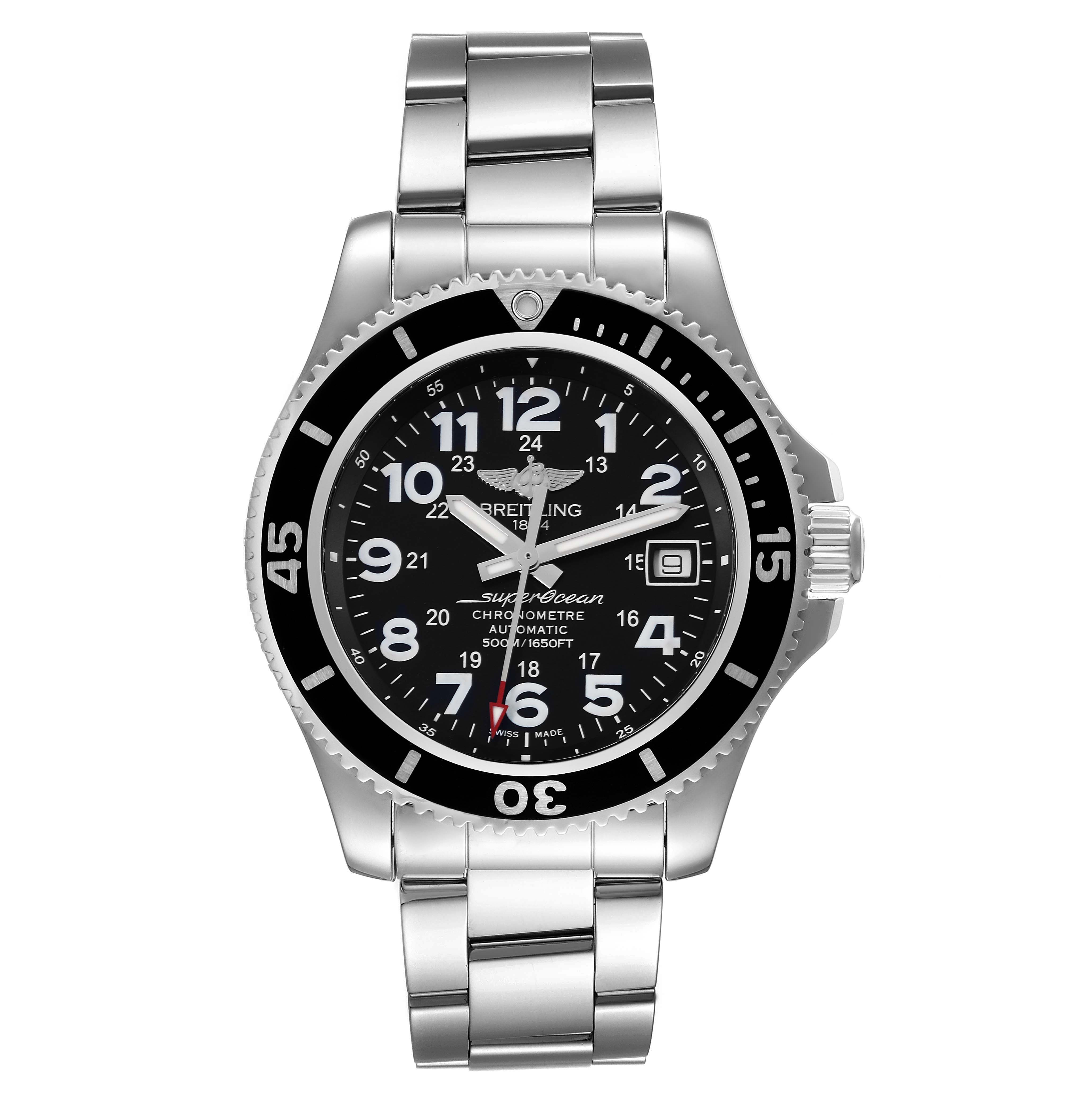 The Breitling Superocean A17365 Men's Stainless Steel Black Dial A17365 Men's Stainless Steel Black Dial watch is shown from a front view, displaying its face, bezel, and stainless steel bracelet.