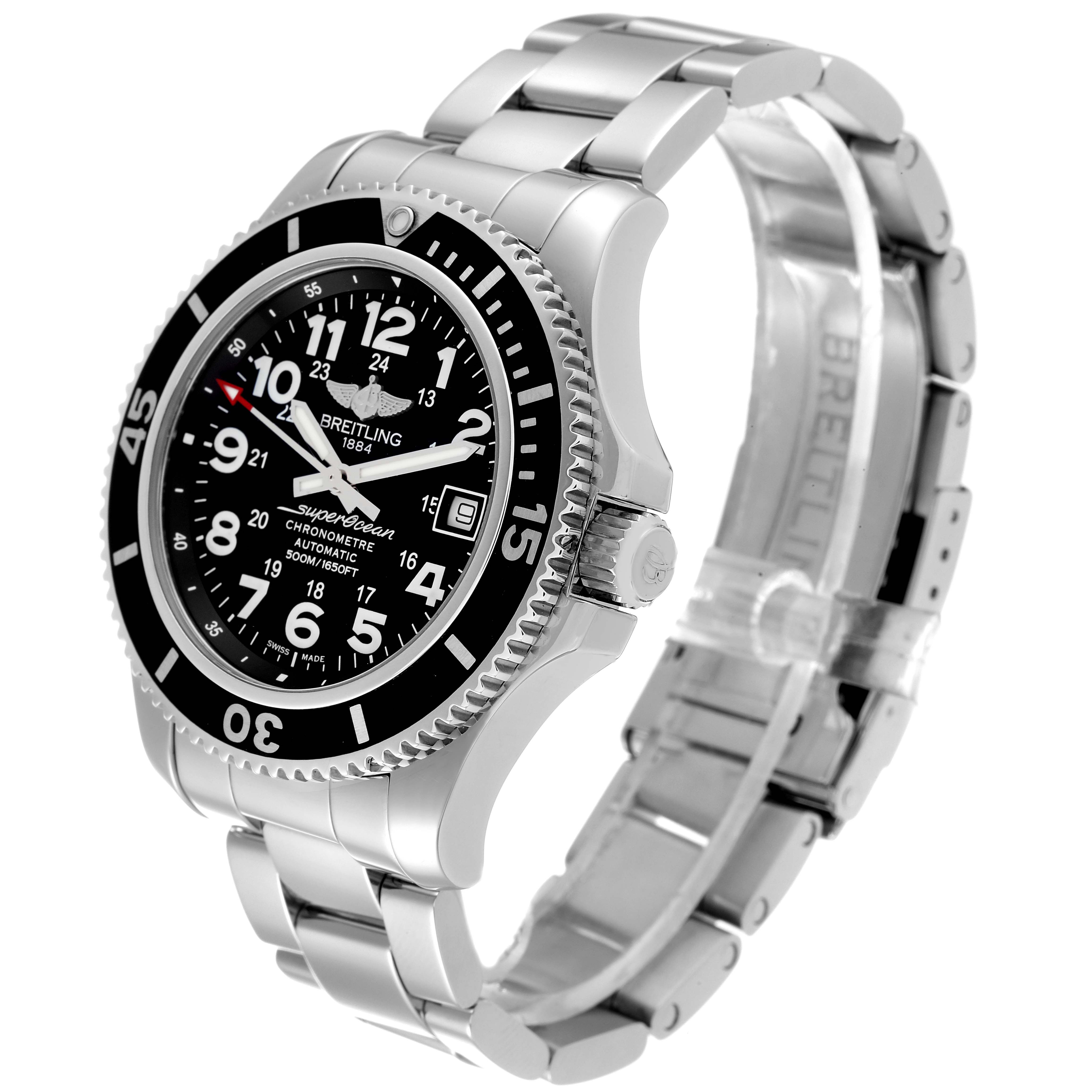 The image shows a Breitling Superocean A17365 Men's Stainless Steel Black Dial A17365 Men's Stainless Steel Black Dial watch at an oblique angle, highlighting its face, bezel, crown, and stainless steel bracelet.